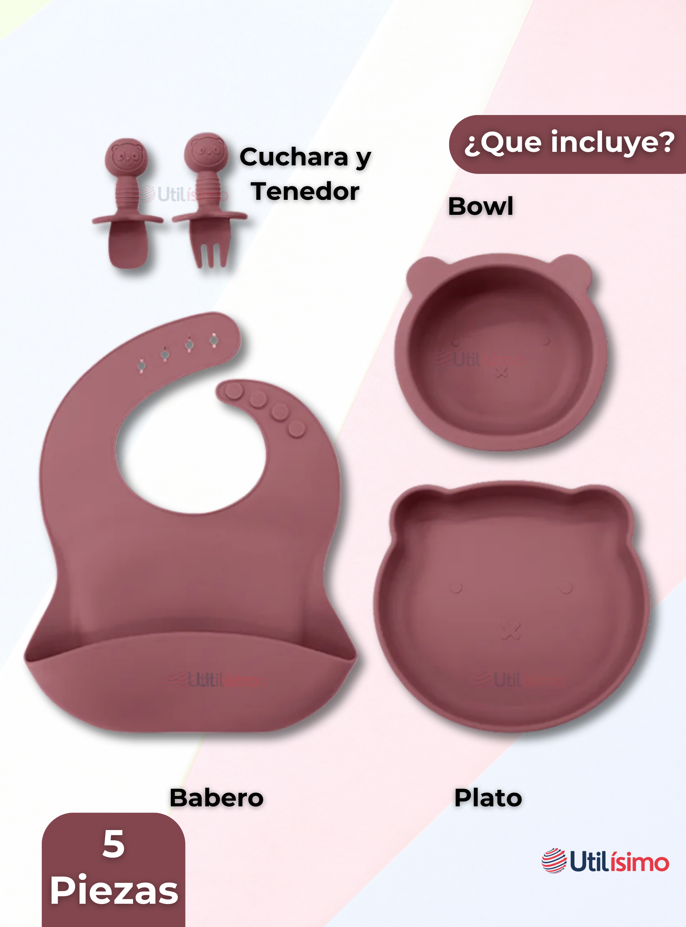 Set De Alimentación Bebé Silicona 5 Piezas De Osito Libre BPA Rosa Oscuro-3