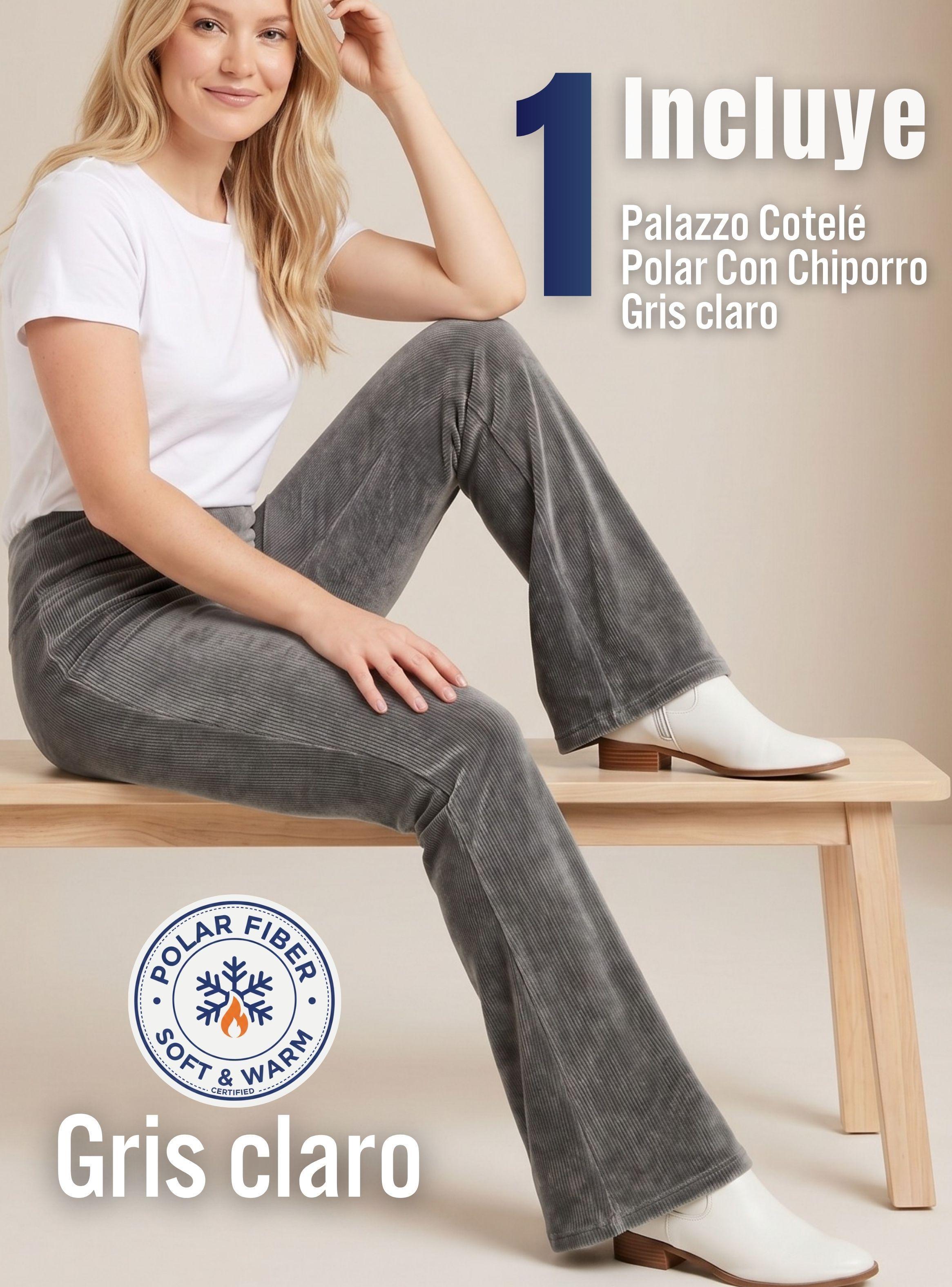 Pantalón Cotelé Palazzo Polar Con Chiporro Elasticado Térmico Gris Melange-2