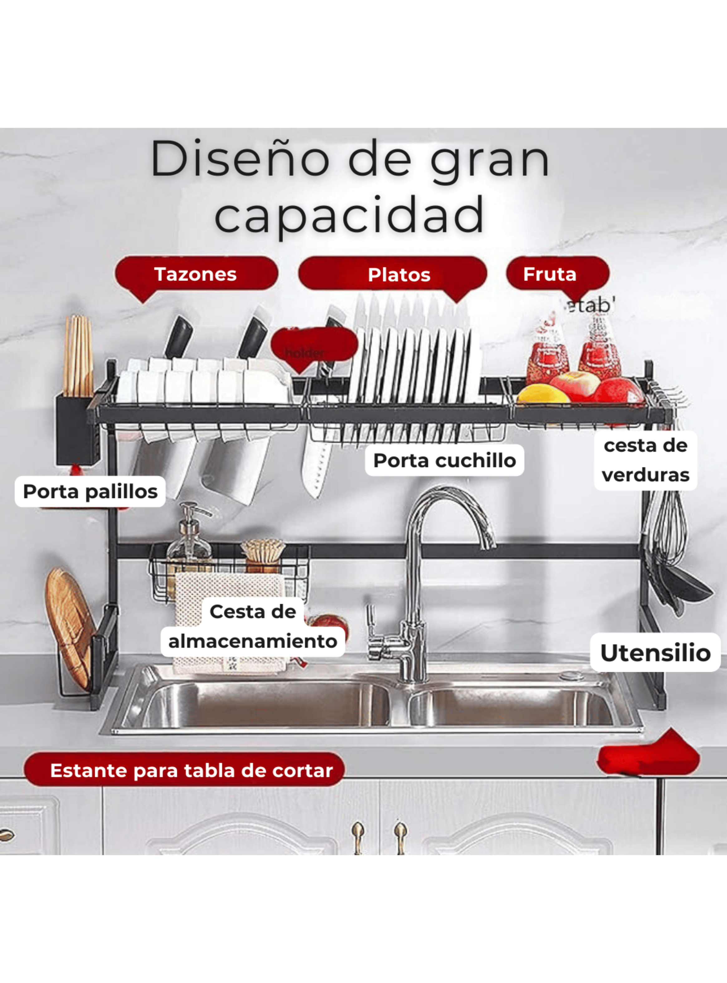 Escurridor Trastes Platos Fregadero 2 Niveles Ajustable Acero al Carbono Inox-4