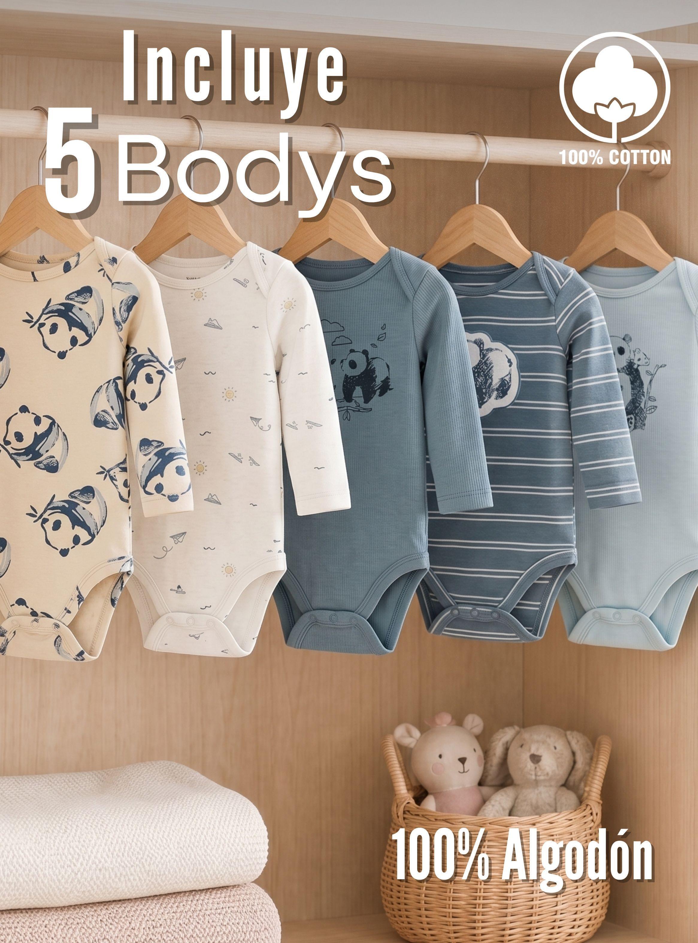 Pack 5 Bodys Manga Larga 100% Algodón Tedmimak Panda Nature Bebé Niño-2