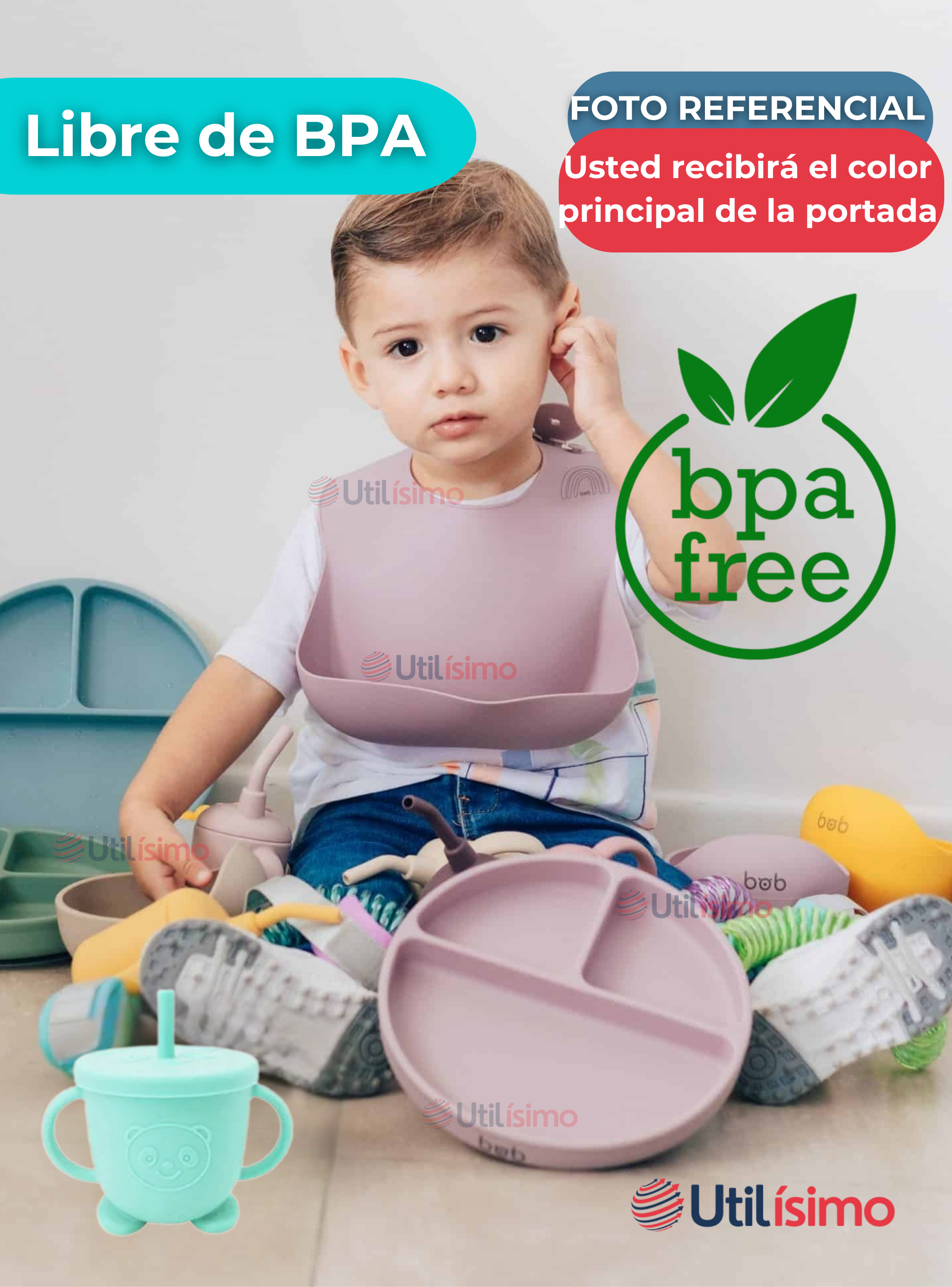 Set De Alimentación Bebé Silicona Con Vaso 5 Piezas Libre BPA Turquesa-3