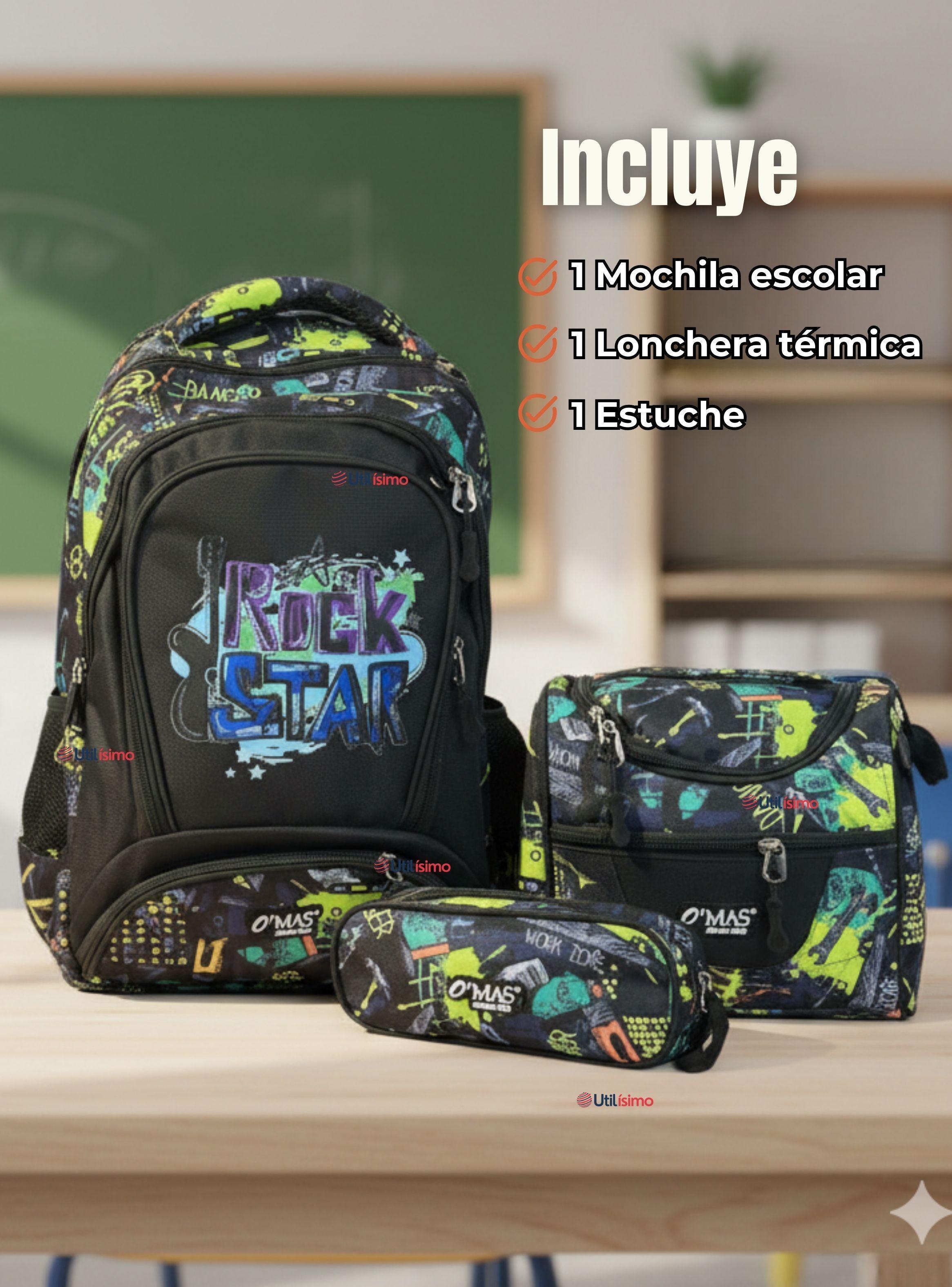 Mochila Escolar Kit Con Estuche y Lonchera 45cm Tela Oxford Rock Star Niño-2