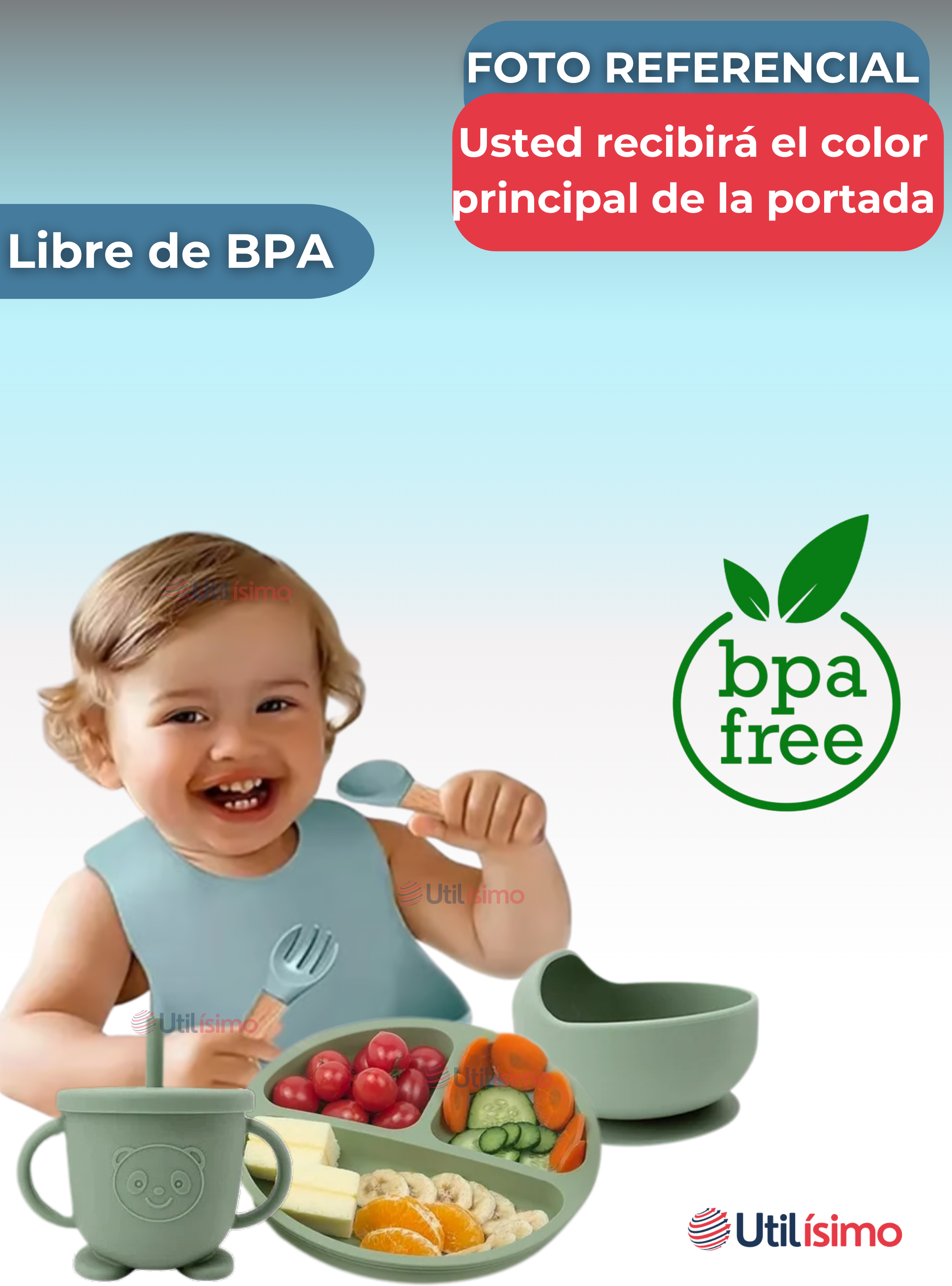 Set De Alimentación Bebé Silicona 6 Piezas Libre BPA Celeste-2