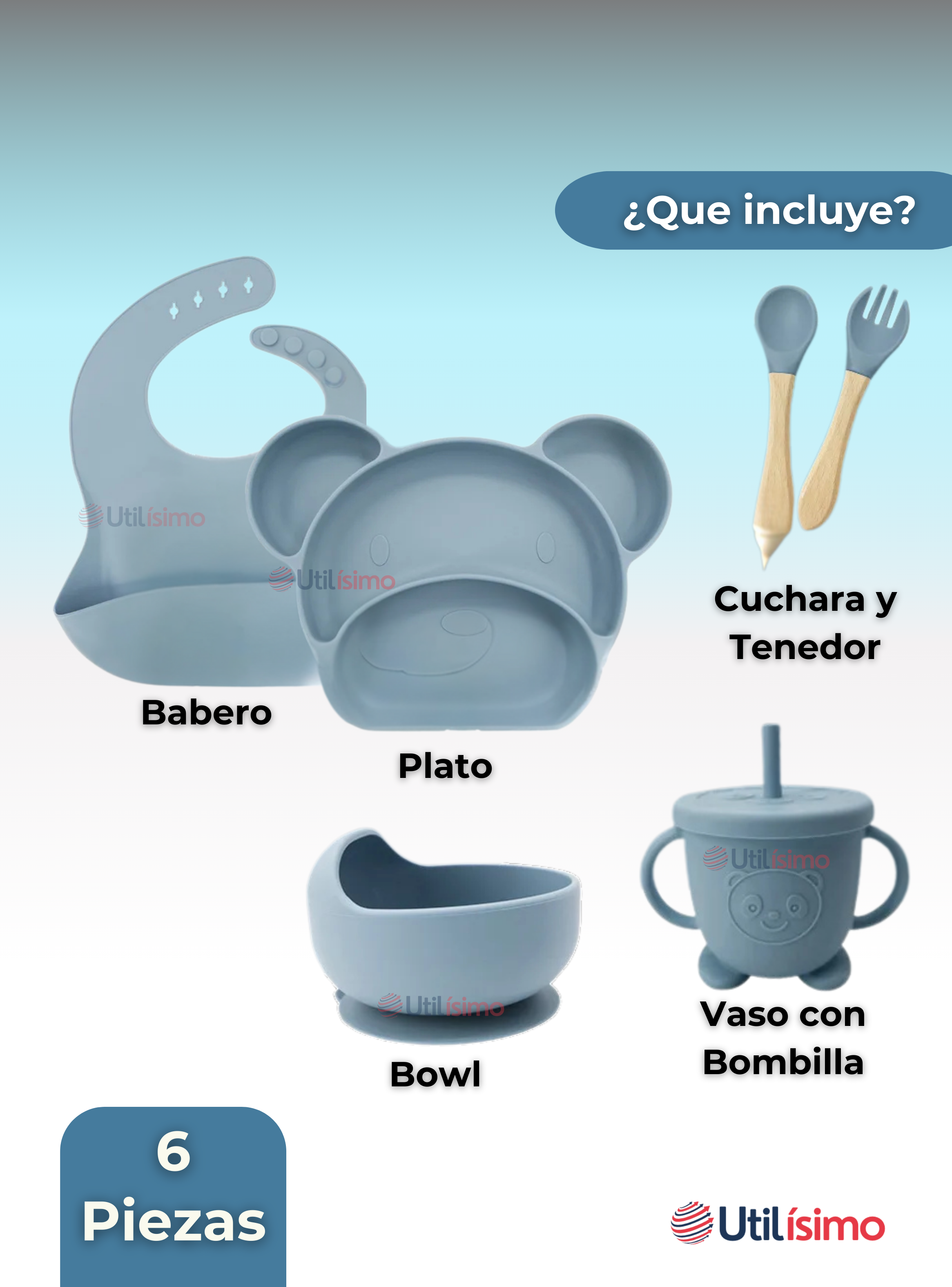 Set De Alimentación Bebé Silicona 6 Piezas Libre BPA Celeste-6