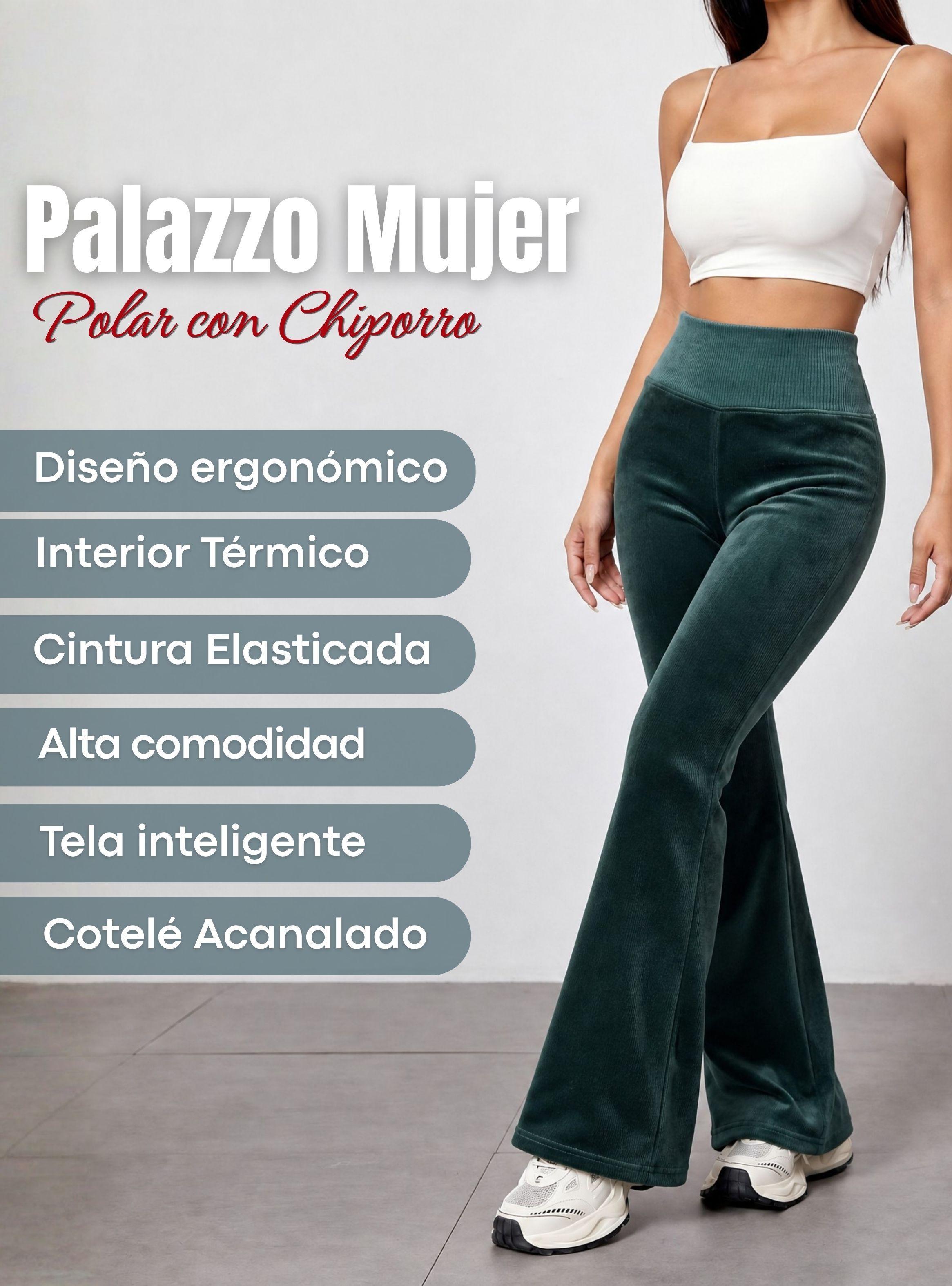Pantalón Cotelé Palazzo Polar Con Chiporro Elasticado Térmico Verde Oscuro-3