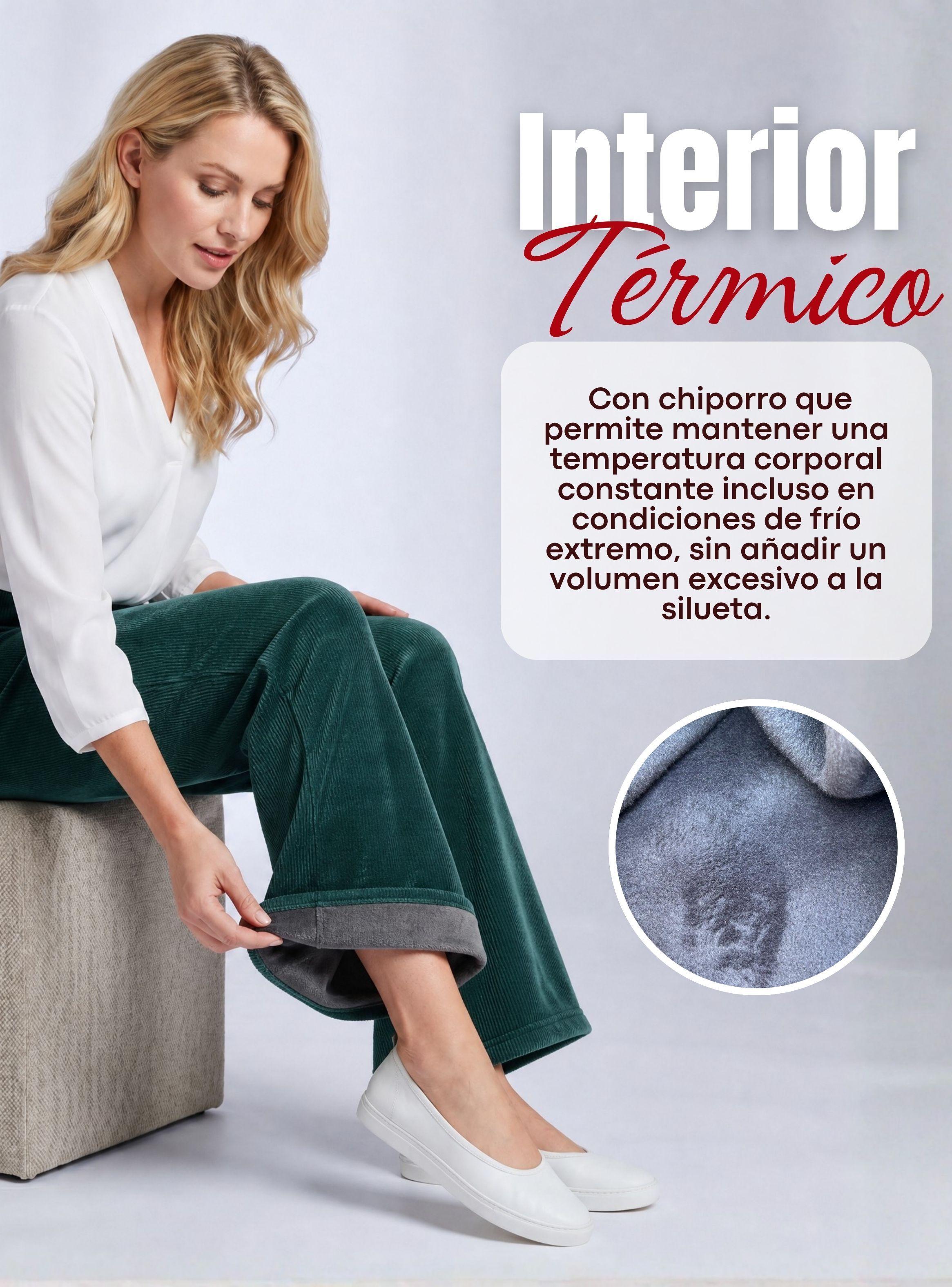 Pantalón Cotelé Palazzo Polar Con Chiporro Elasticado Térmico Verde Oscuro-4