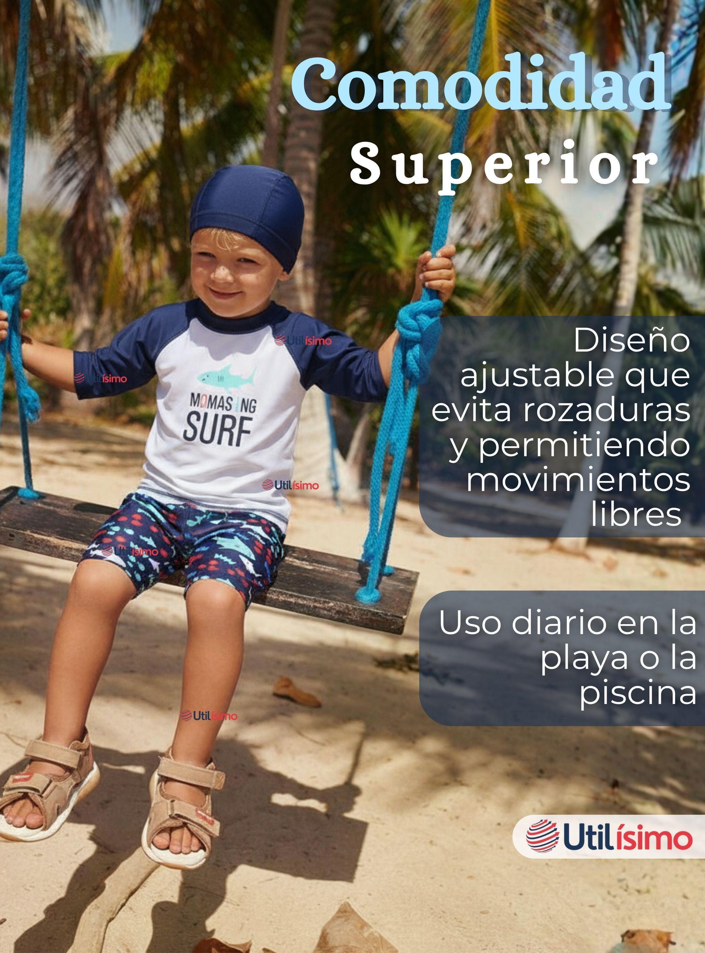 Traje de Baño Con Gorro Pantalón Corto Manga Larga 3 Piezas Niño 3 a 9 años Blue Surf-7