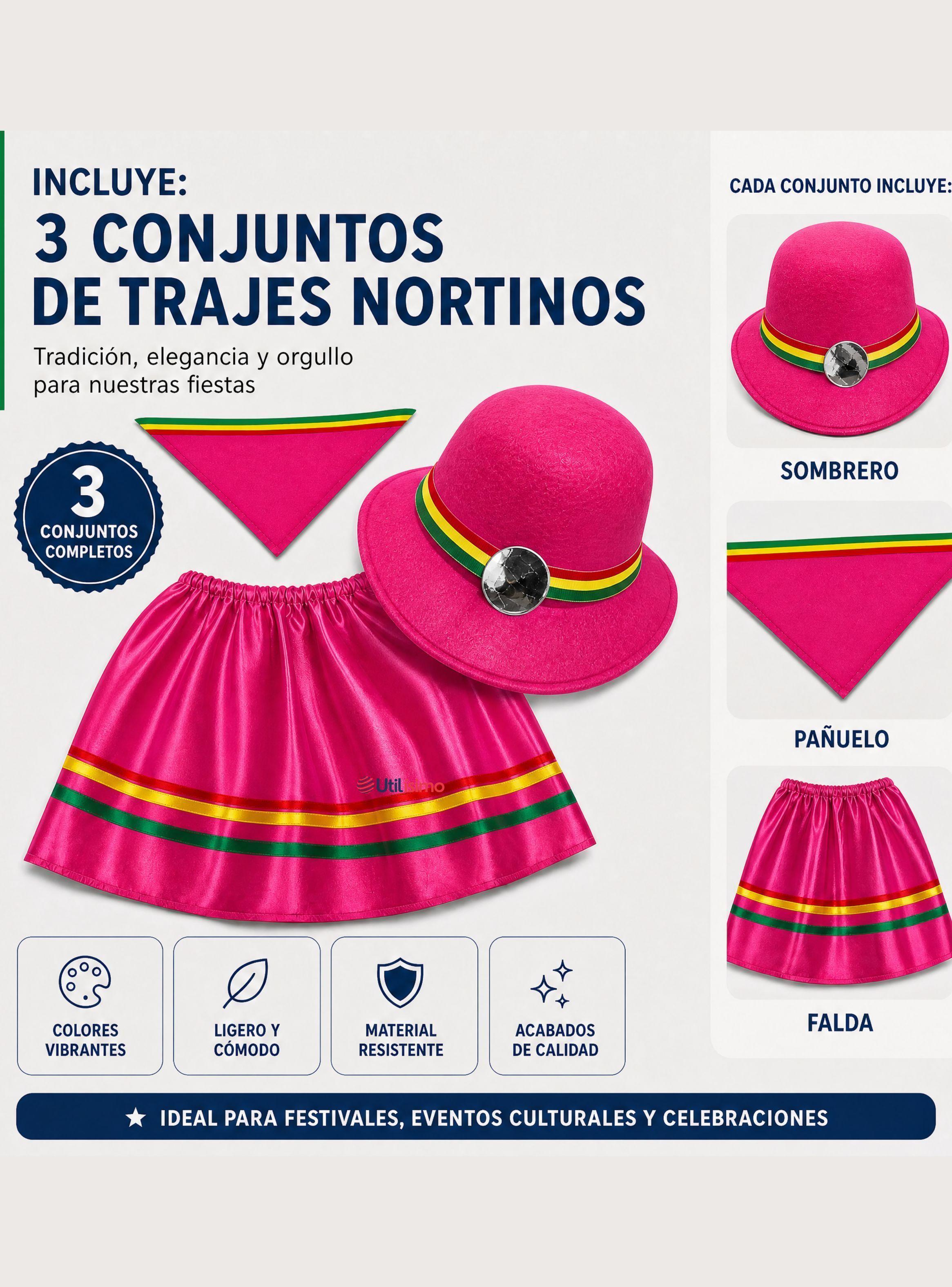 Pack 3 Trajes Nortino Niña 3 piezas Color Fucsia Baile Típico Fiestas Patrias-1