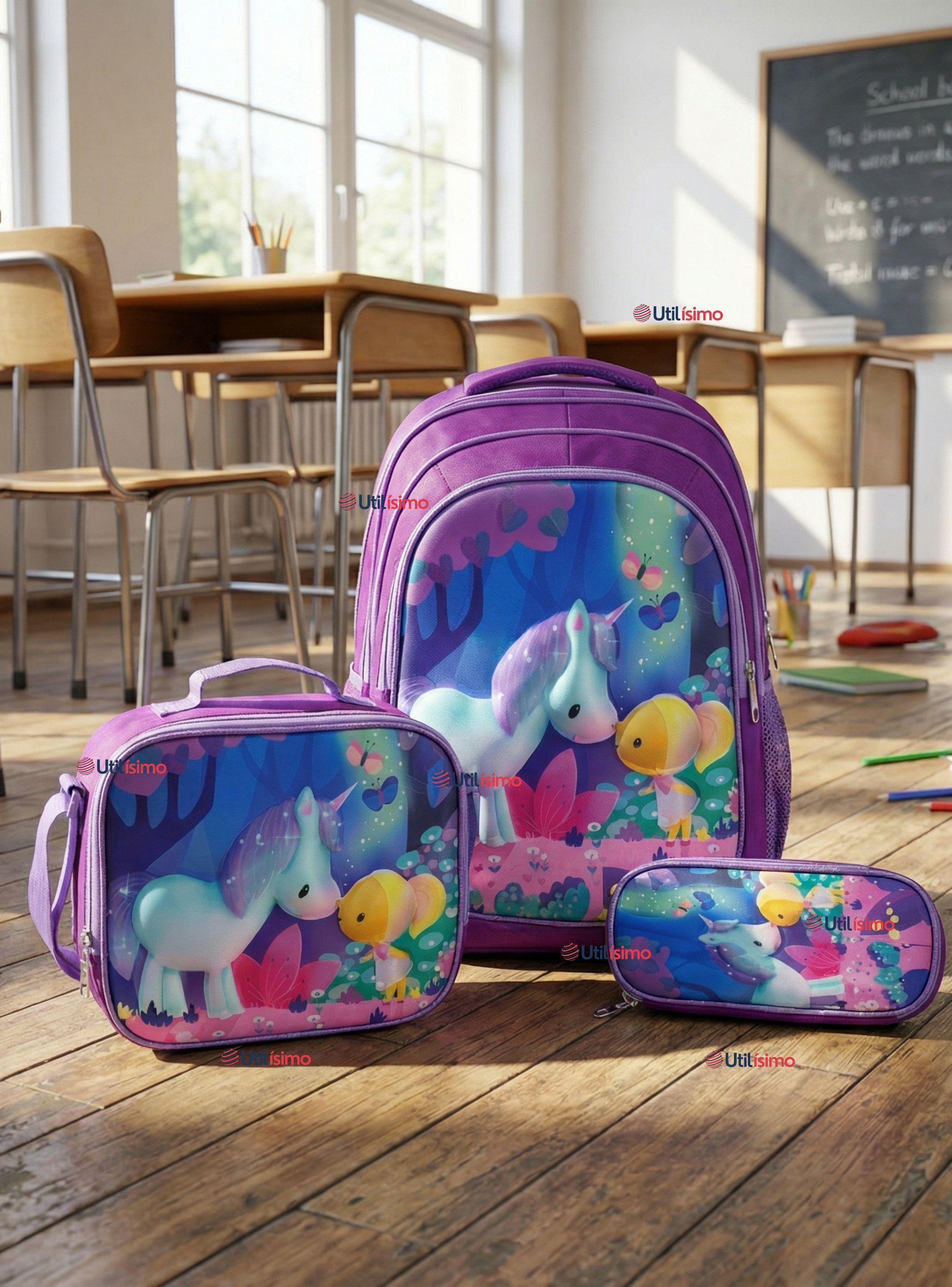 Mochila Escolar Con Ruedas + Estuche + Lonchera Desmontable Poliéster Morado Diseño Unicornio-0