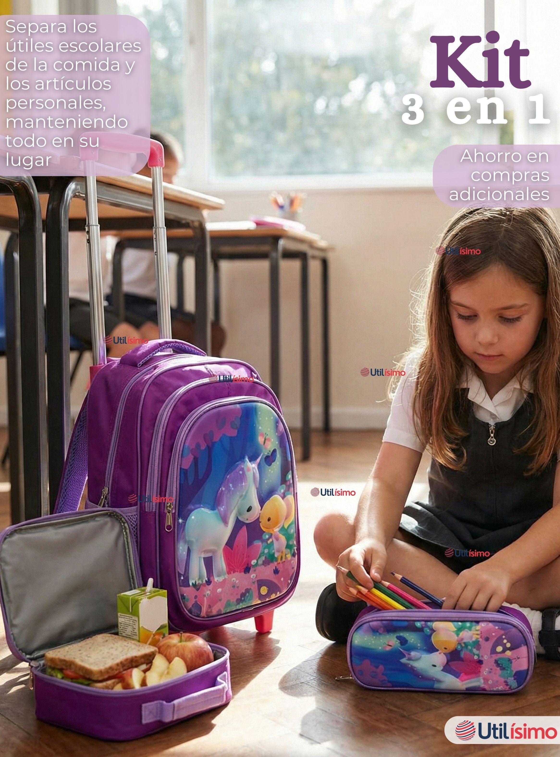 Mochila Escolar Con Ruedas + Estuche + Lonchera Desmontable Poliéster Morado Diseño Unicornio-2