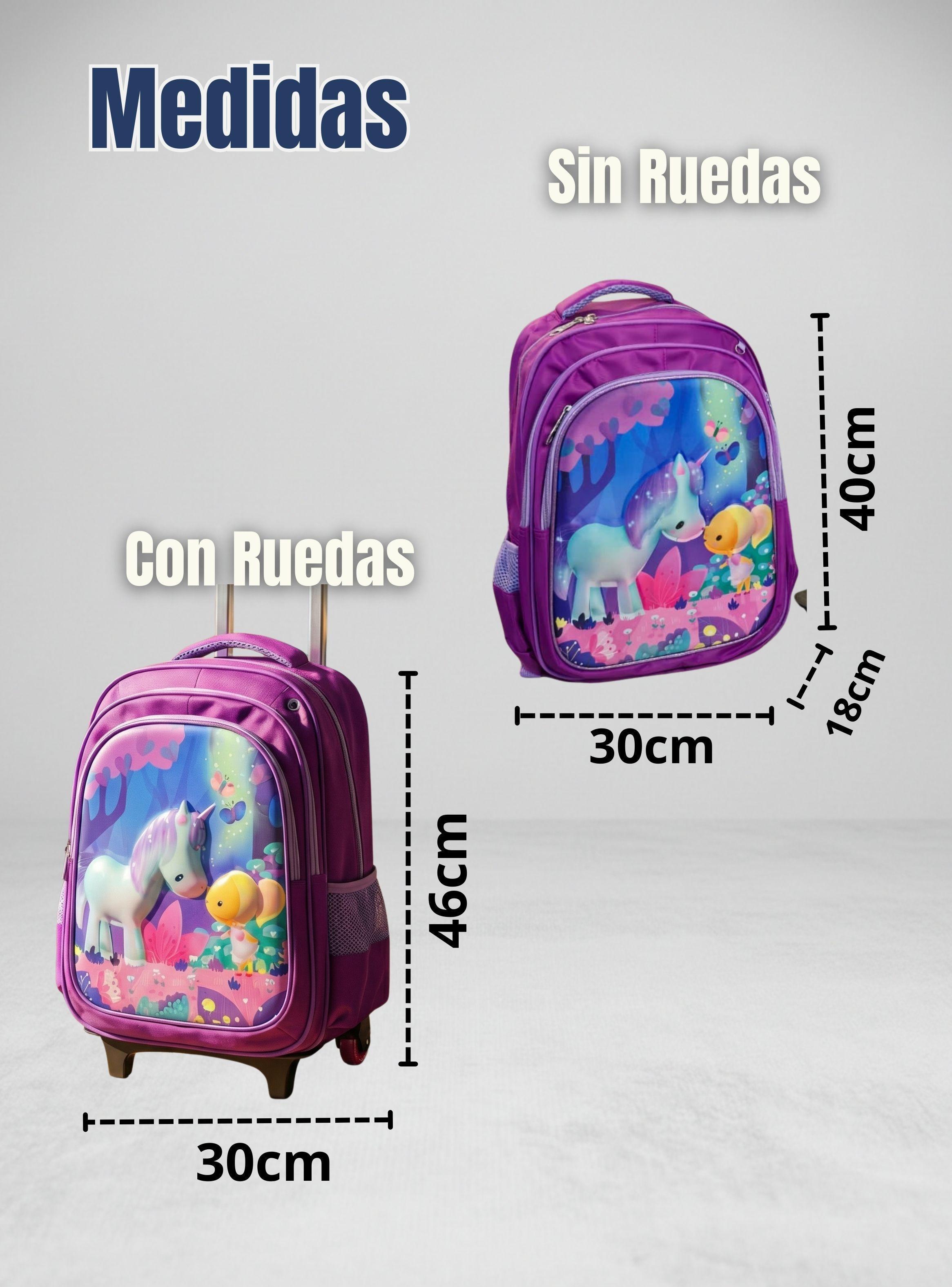 Mochila Escolar Con Ruedas + Estuche + Lonchera Desmontable Poliéster Morado Diseño Unicornio-3