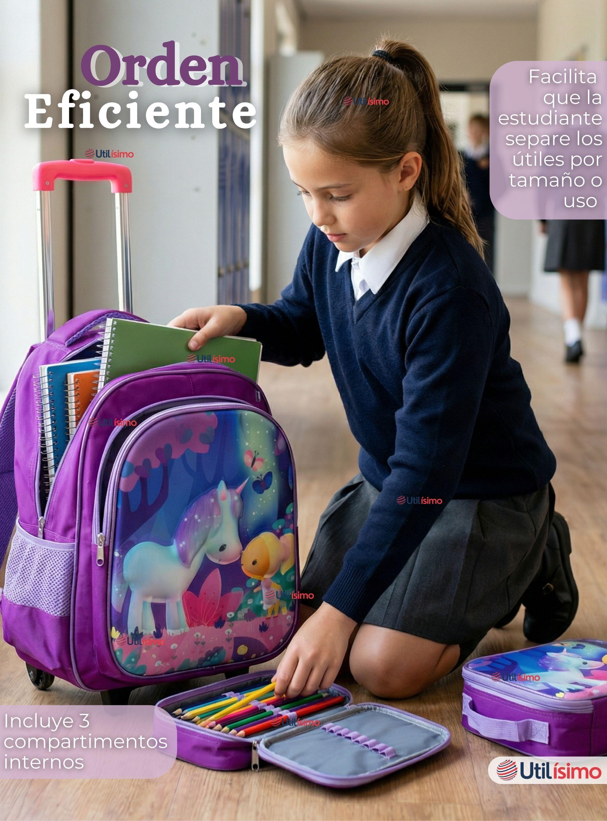 Mochila Escolar Con Ruedas + Estuche + Lonchera Desmontable Poliéster Morado Diseño Unicornio-7