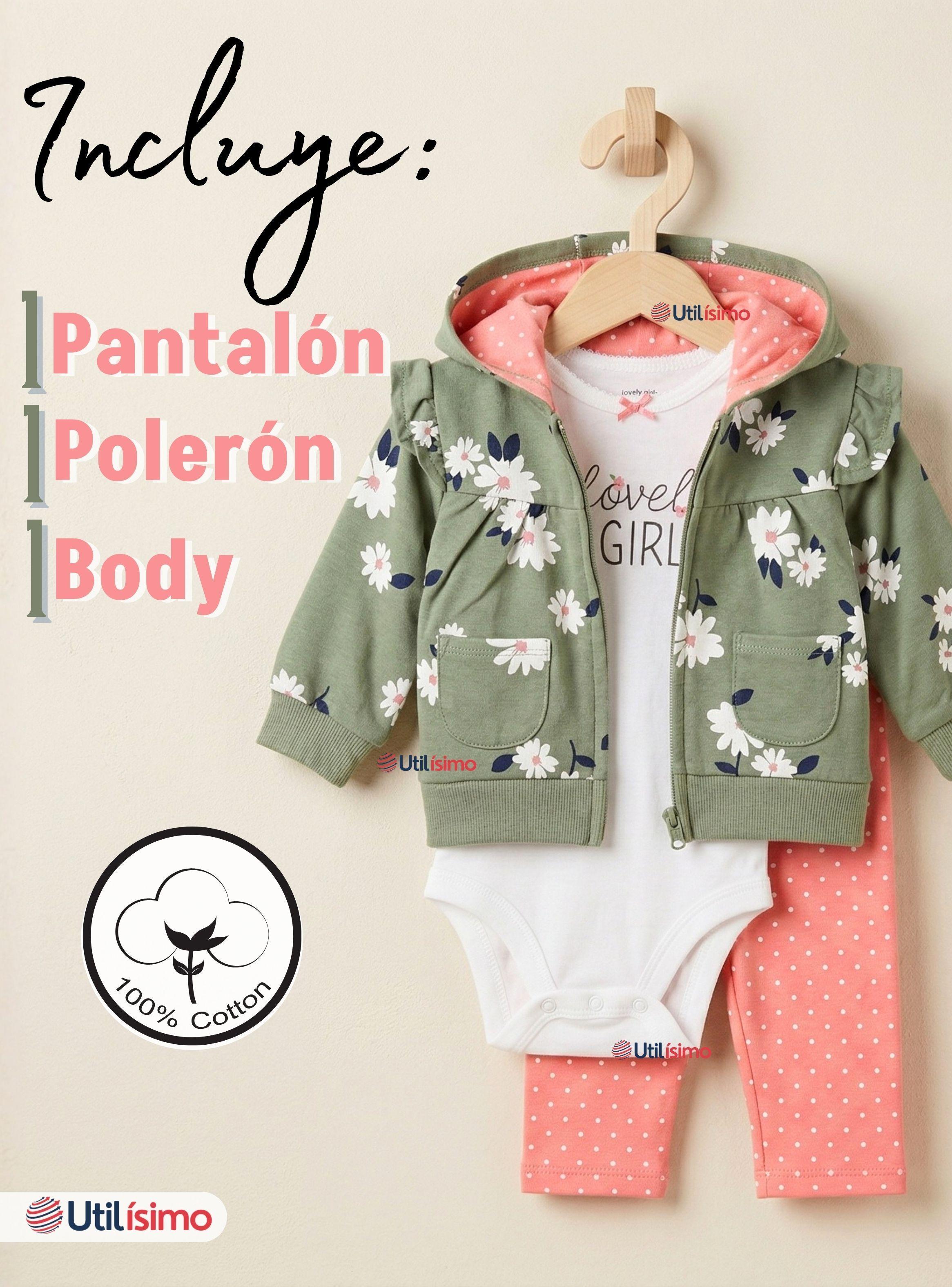 Conjunto 3 Piezas Buzo Pantalón Polerón Body De Algodón Green Flowers Bebe Niña-2
