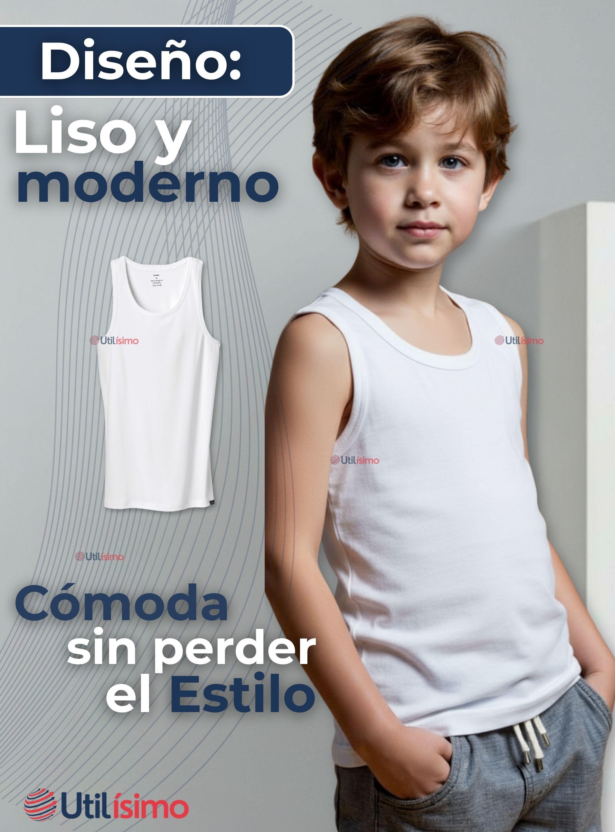 Camiseta Sin Manga Básica Suave 100% Algodón Color Blanco Niño y Juvenil Hombre-3