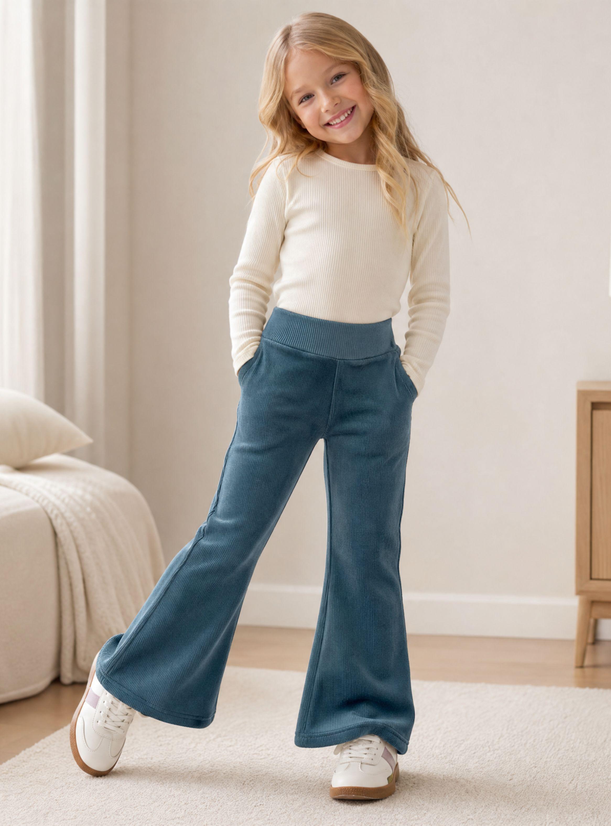Pantalón Palazzo Polar Con Chiporro Niña Calza Elasticada Térmica Verde Agua-0
