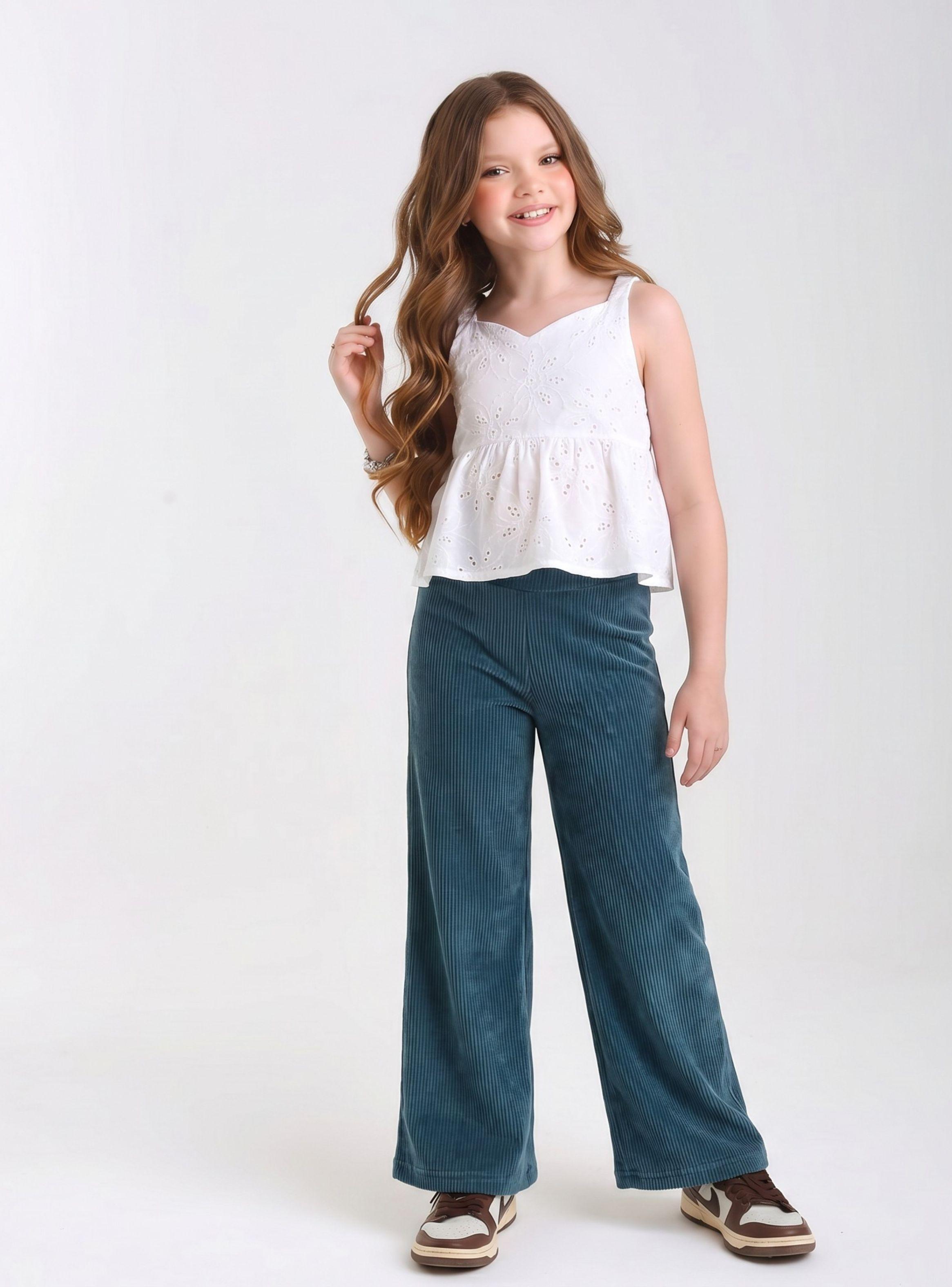 Pantalón Palazzo Polar Con Chiporro Niña Calza Elasticada Térmica Verde Agua-1