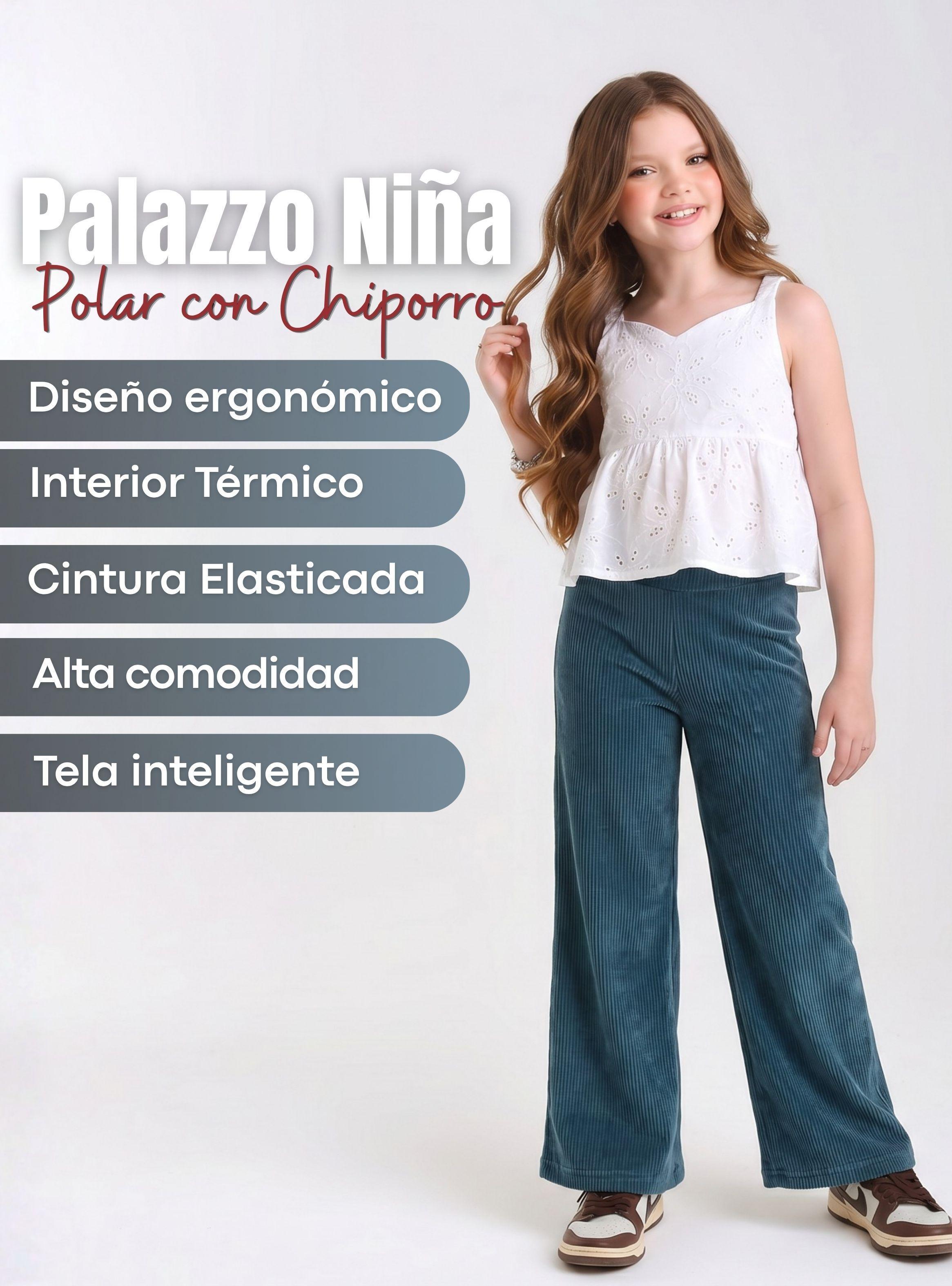 Pantalón Palazzo Polar Con Chiporro Niña Calza Elasticada Térmica Verde Agua-3