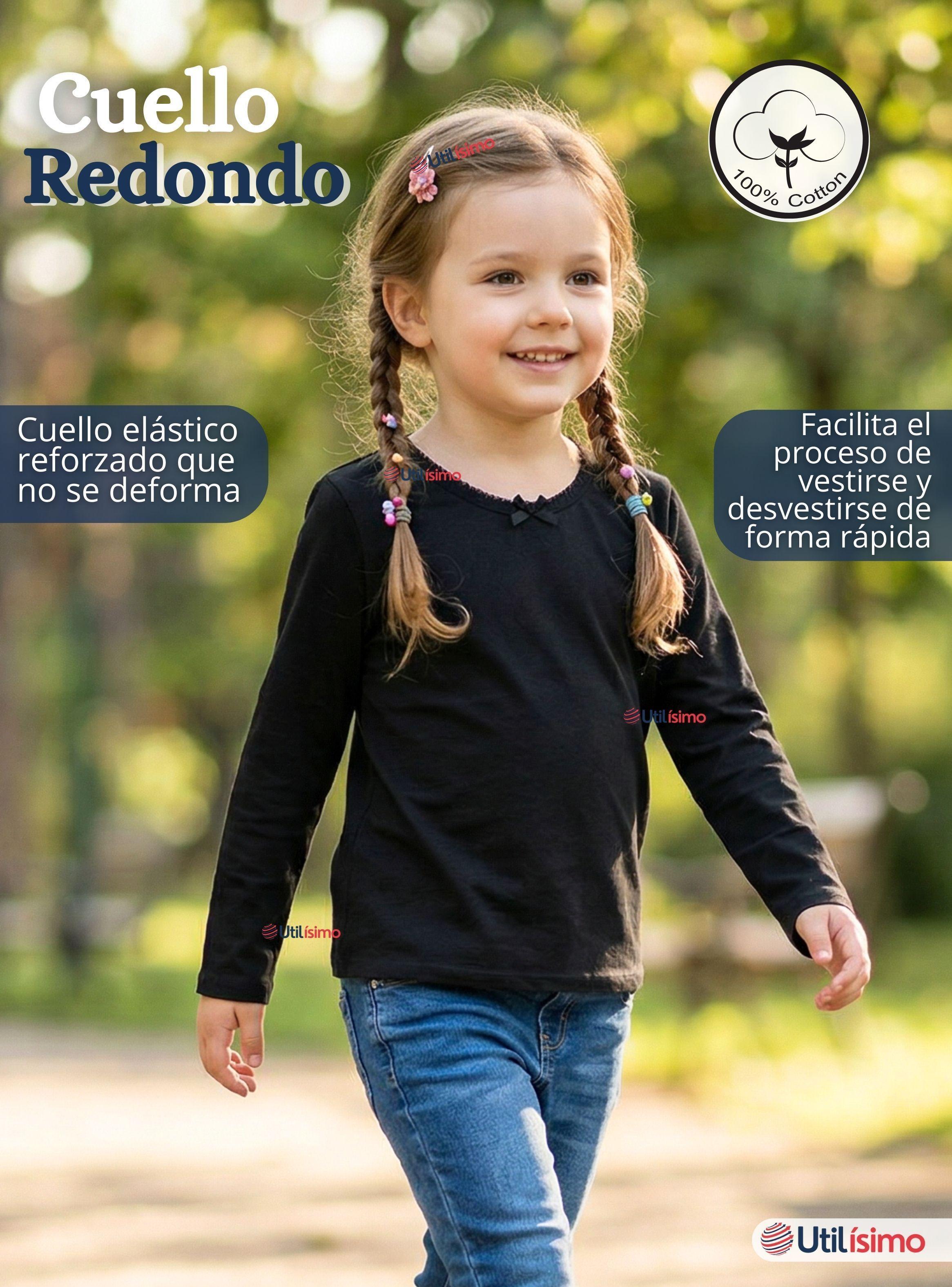 Camiseta Polera Algodón Cuello Redondo Negra Primera Capa Manga Larga Niña-7