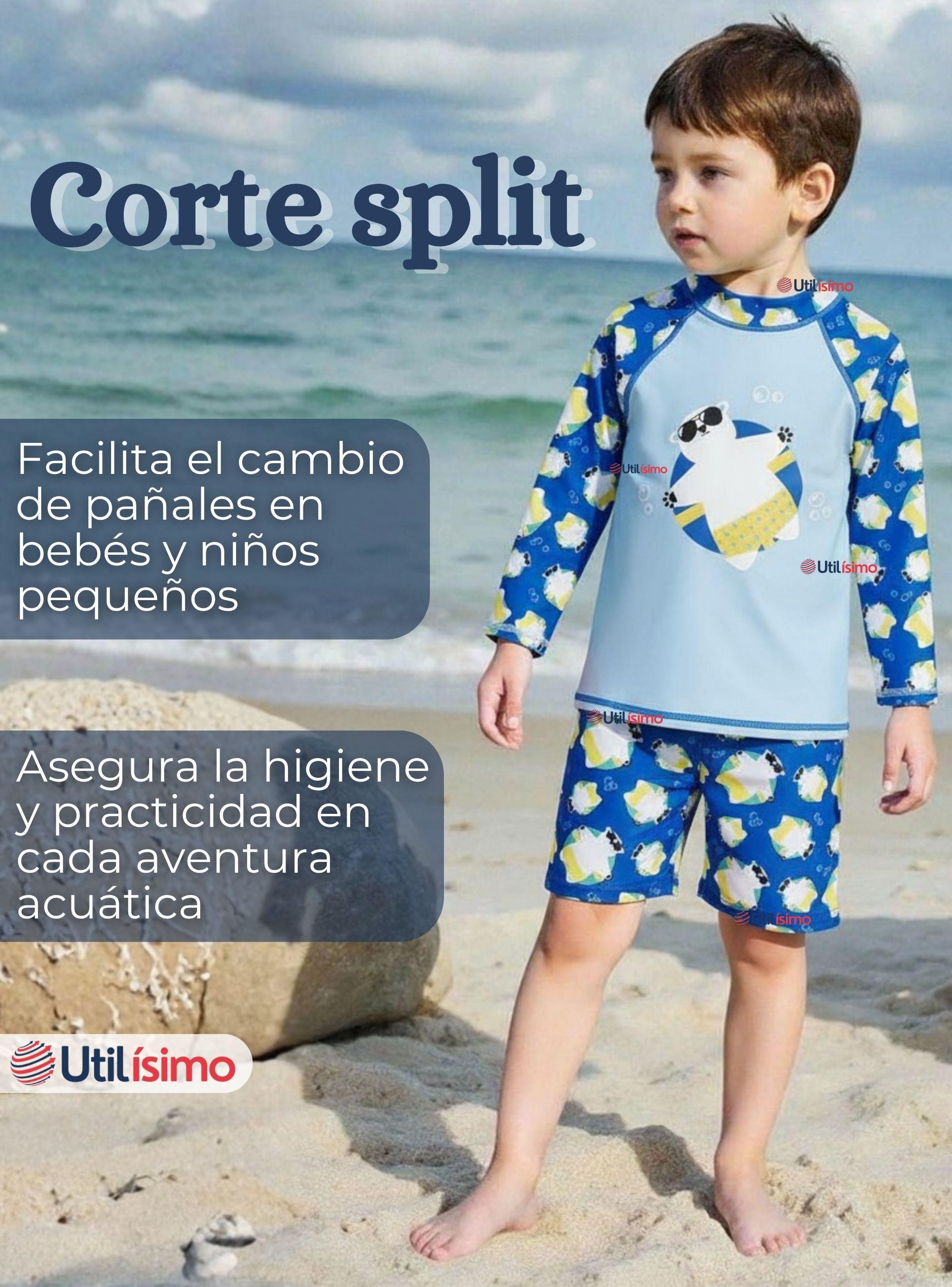 Traje de Baño Manga Larga Pantalón Corto 2 Piezas Corte Split Niño 3 a 9 años Blue Polar Bear-7