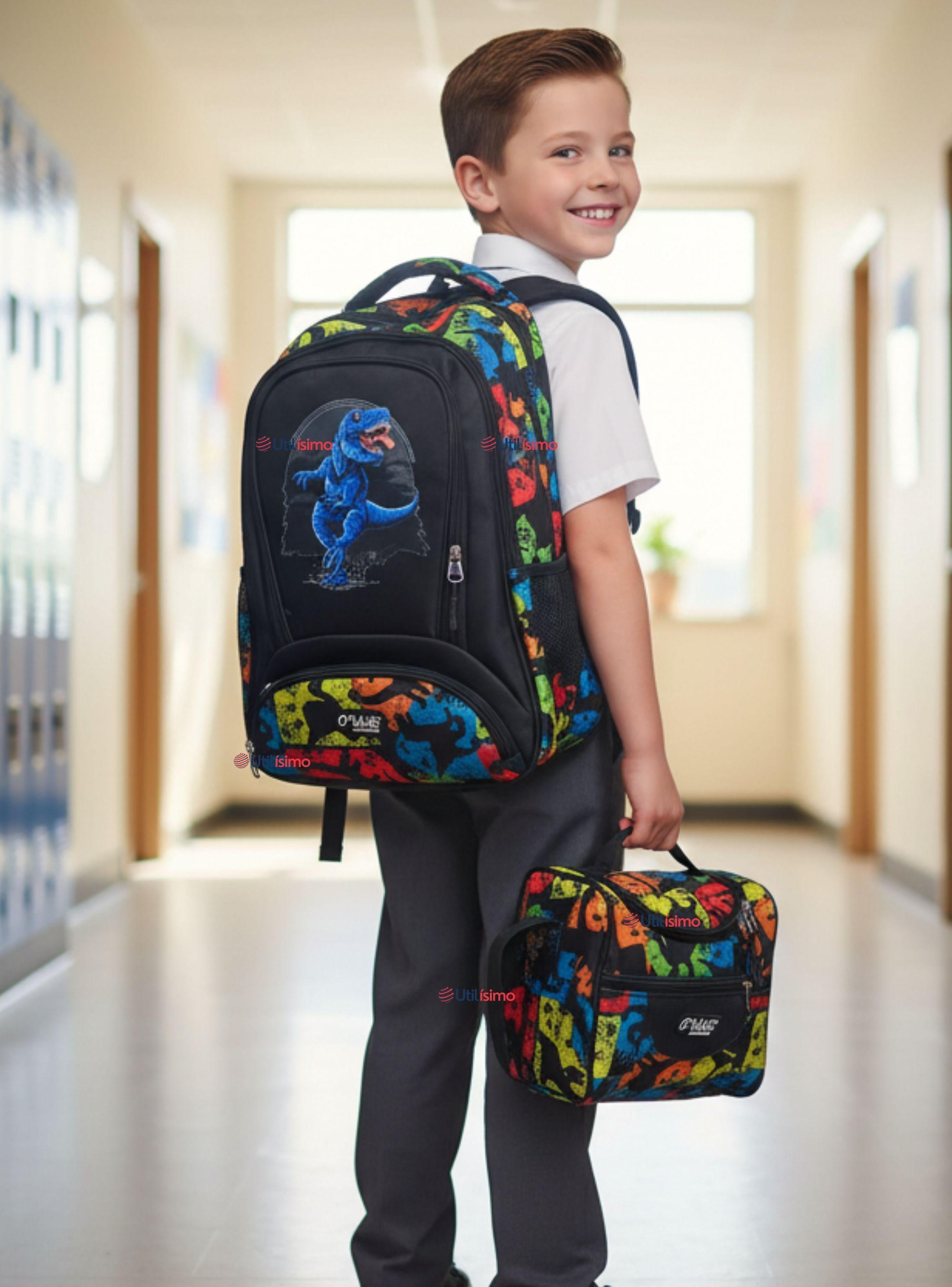 Mochila Escolar Kit Con Estuche y Lonchera 45 cm Tela Oxford Dinosaurio Azul para Niños-0