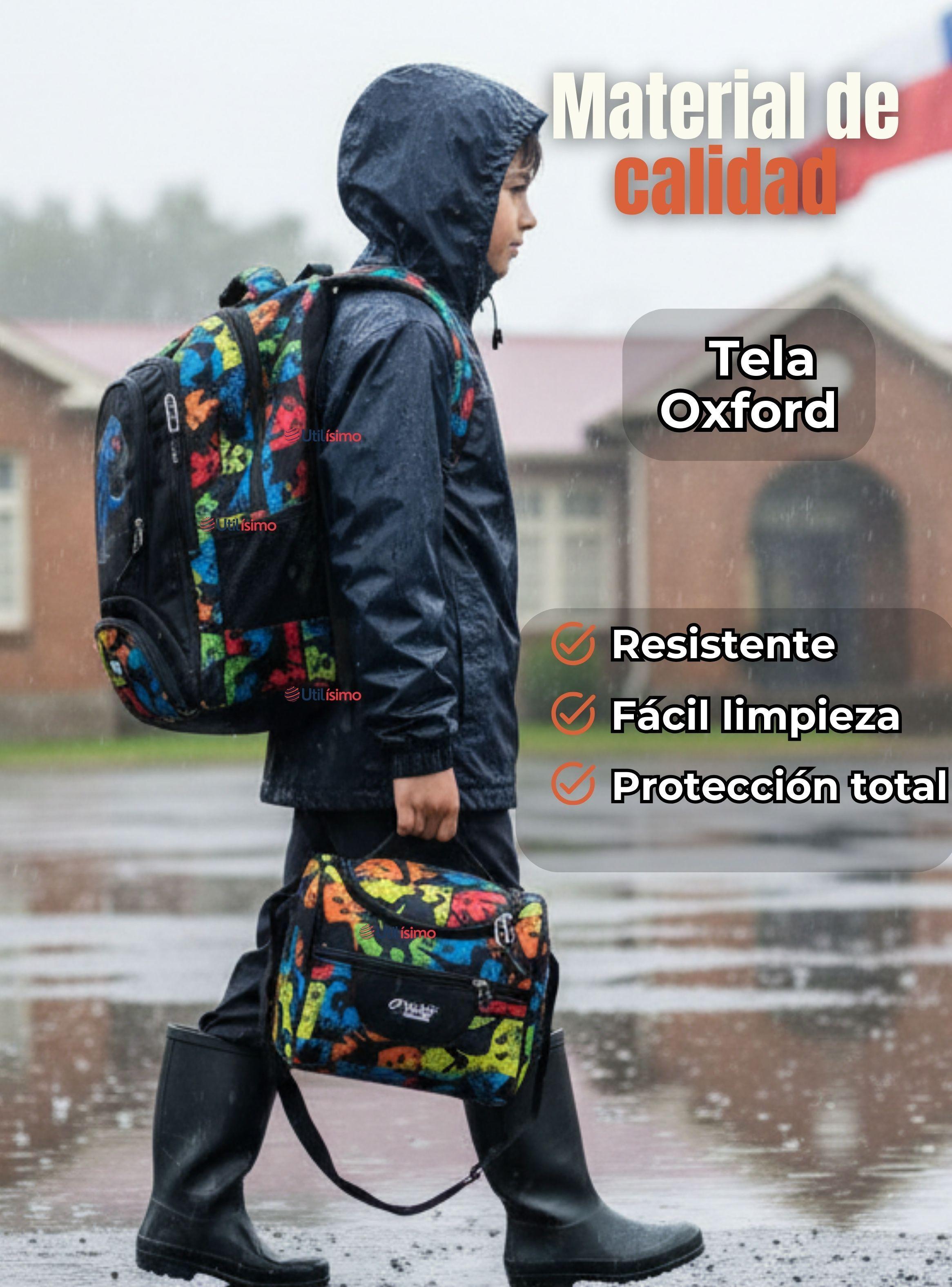 Mochila Escolar Kit Con Estuche y Lonchera 45 cm Tela Oxford Dinosaurio Azul para Niños-5