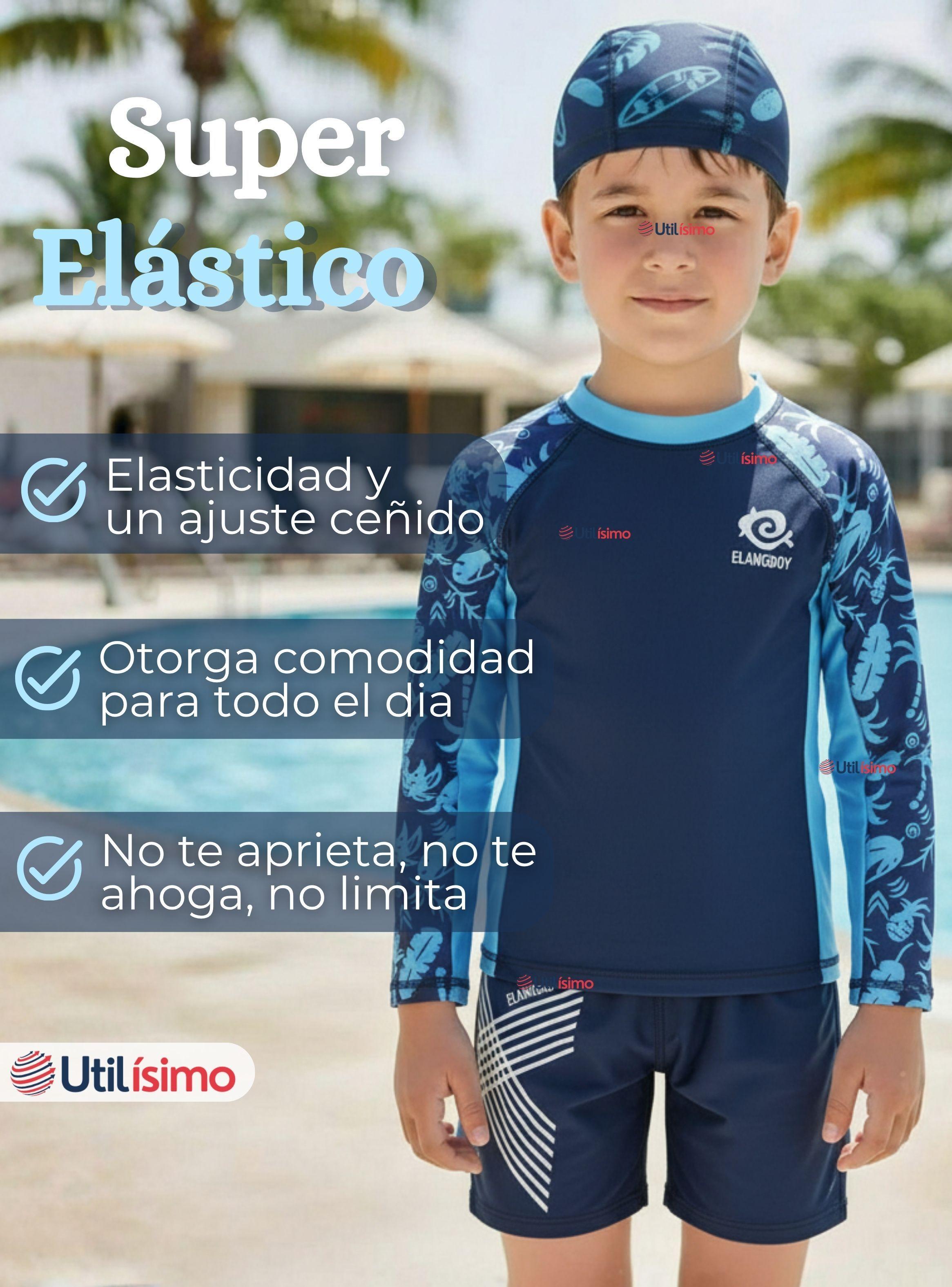 Traje de Baño Pantalón Corto Polera Manga Larga y Gorro 3 Piezas Corte Split Niño 2 a 8 años Blue-2