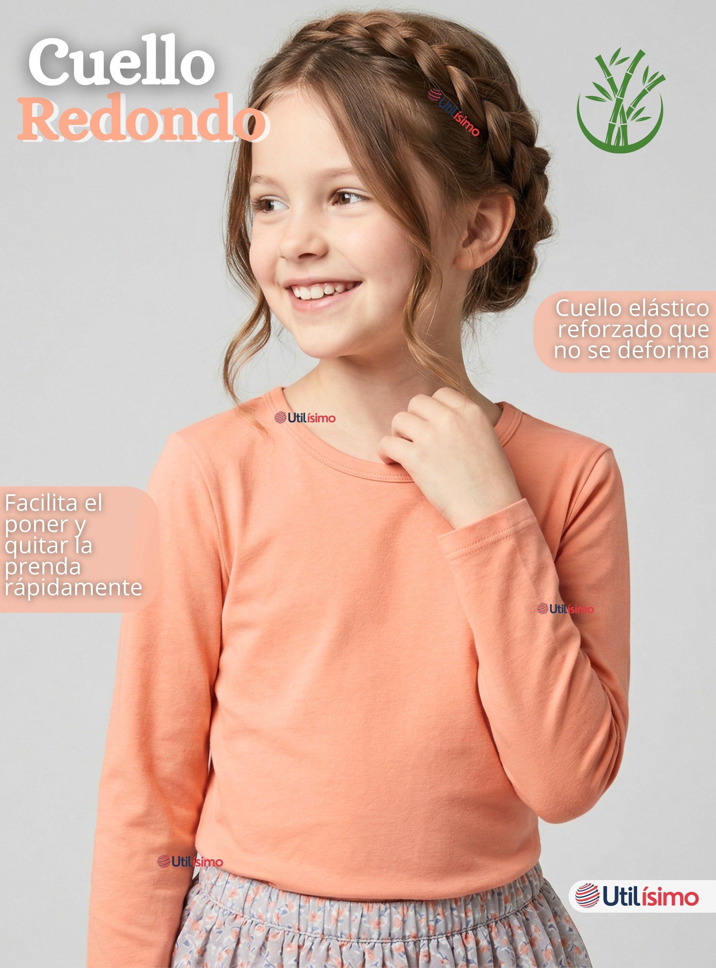 Pack 3 Camisetas Poleras Bambú Cuello Redondo Salmón Primera Capa de Mangas Largas para Niñas-5