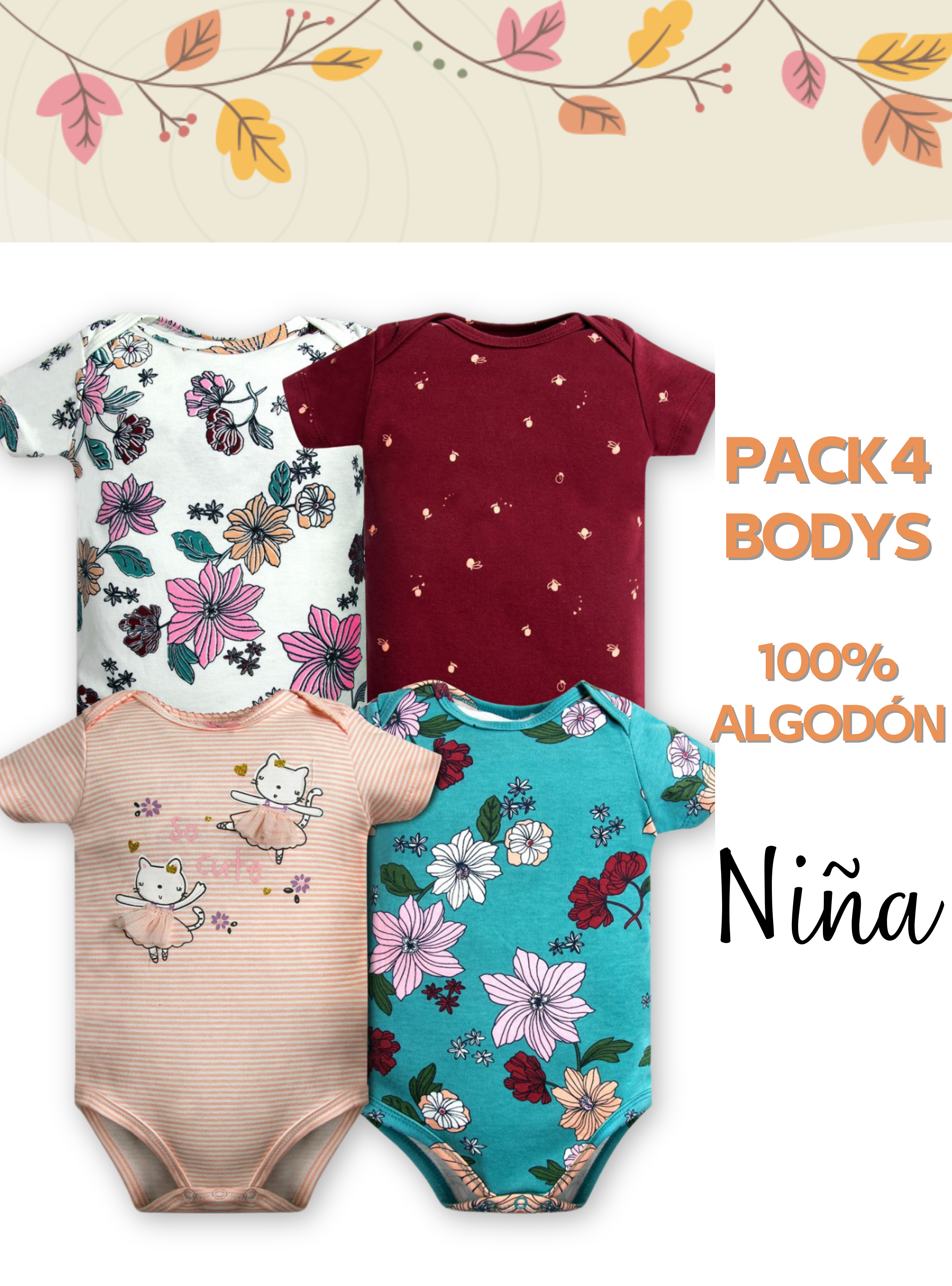Pack 4 Bodys Niña Manga Corta Tedmimak 100% Algodón Bailarina Ballet-4