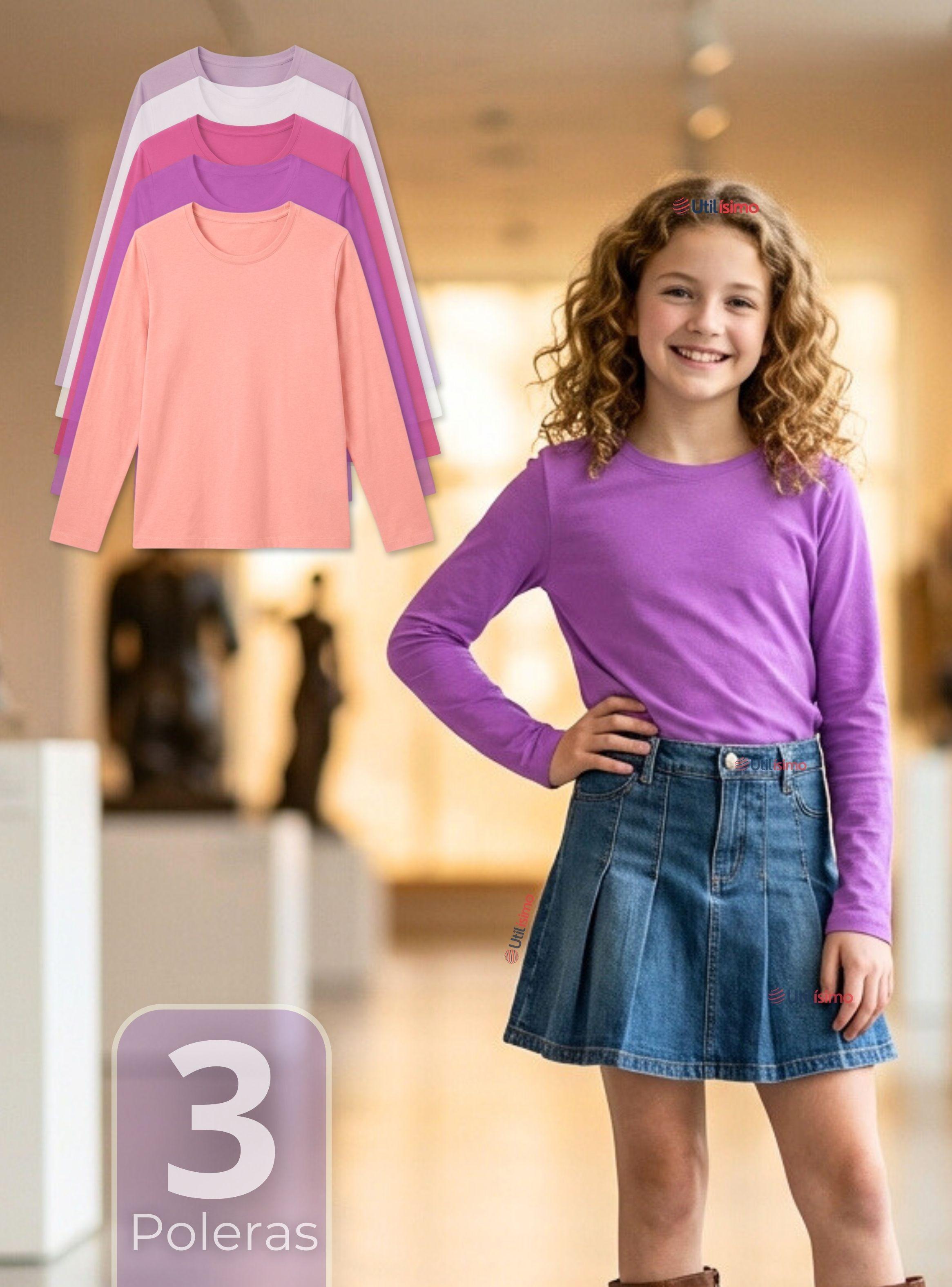 Pack 3 Polera Camiseta Polar Primera Capa Cuello Redondo Manga Larga Colores Surtidos para Niñas-0