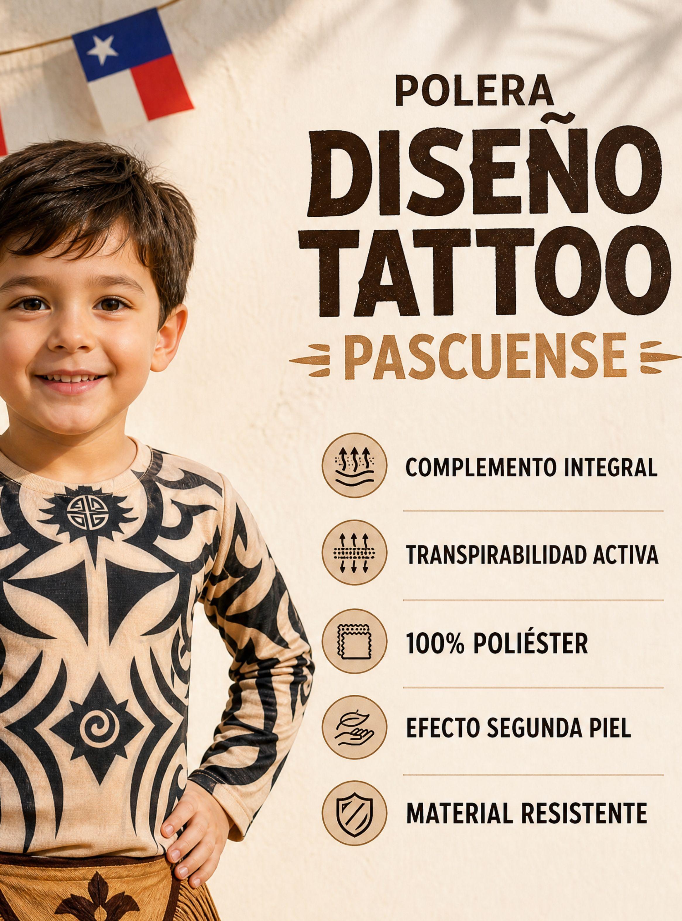 Pack 3 Poleras Tatuaje Falso Efecto Piel Niños Rapa Nui Baile Típico Pascuense-3