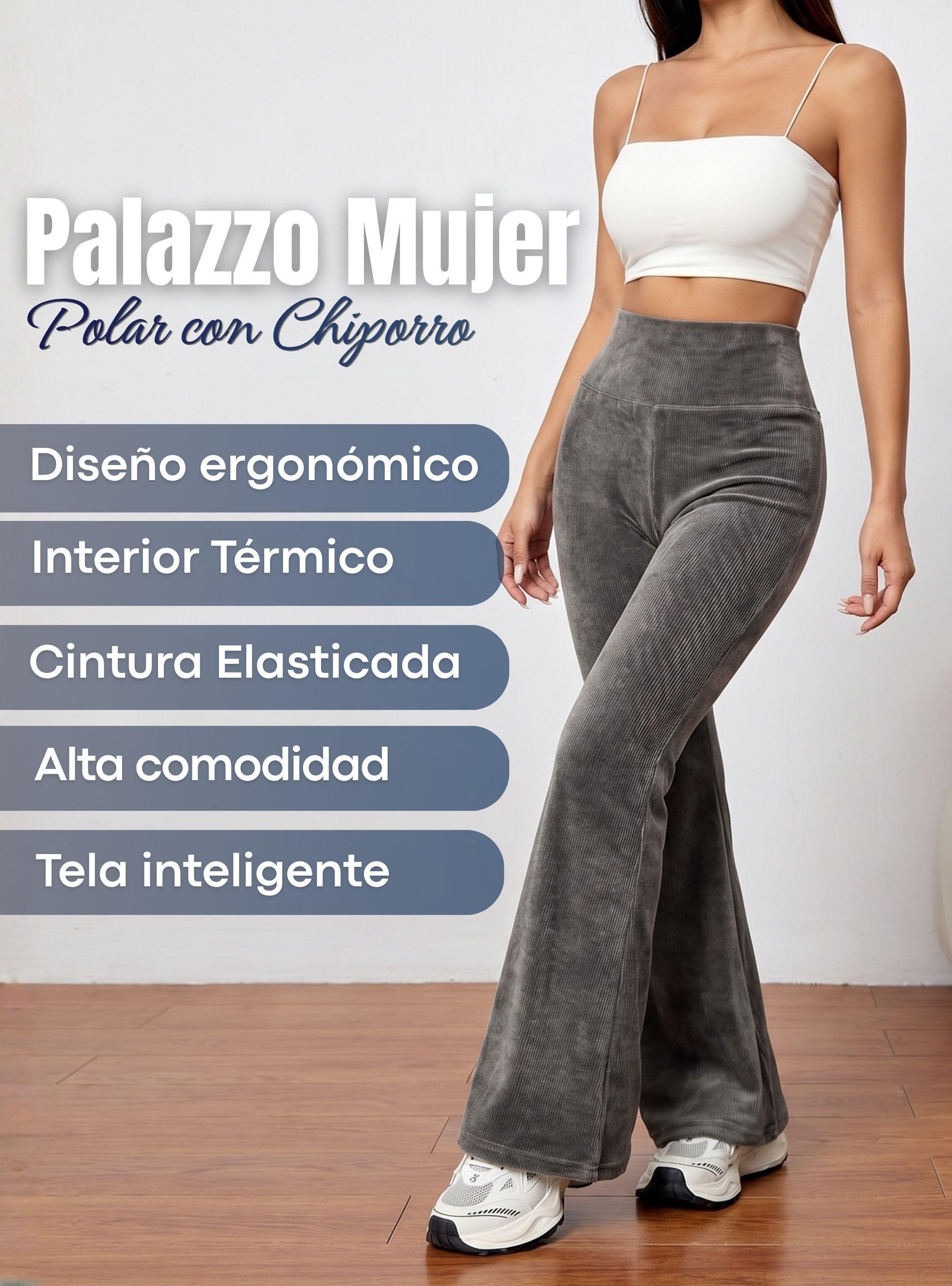 Pantalón Cotelé Palazzo Polar Con Chiporro Elasticado Térmico Color Gris Melange-4