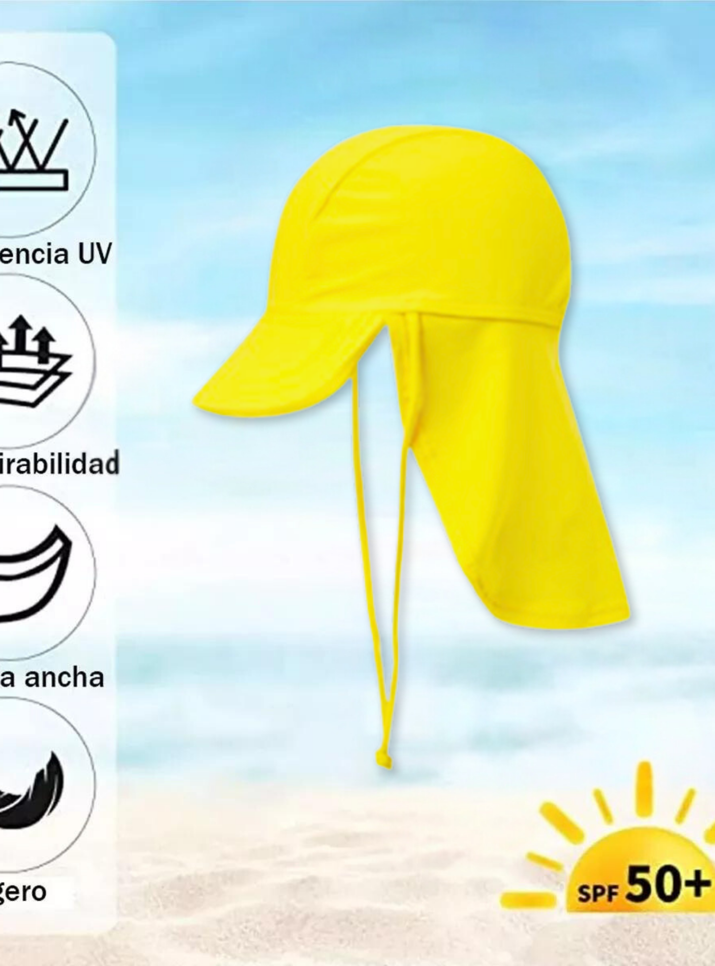 Gorro Largo Con Protección UV +50 Amarillo Niño Niña-1