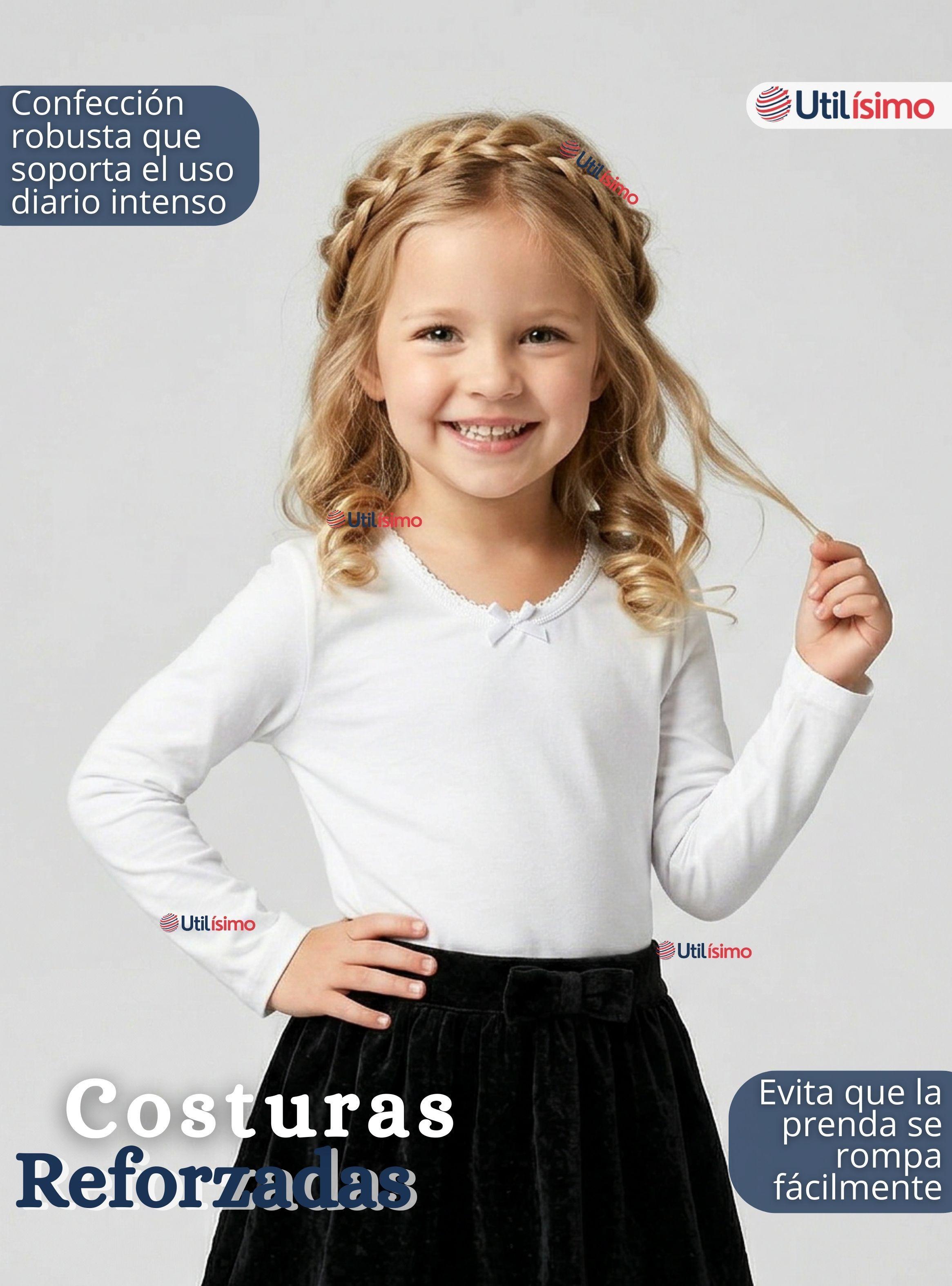 Camiseta Polera Algodón Cuello Redondo Blanca Primera Capa Manga Larga Niña-5