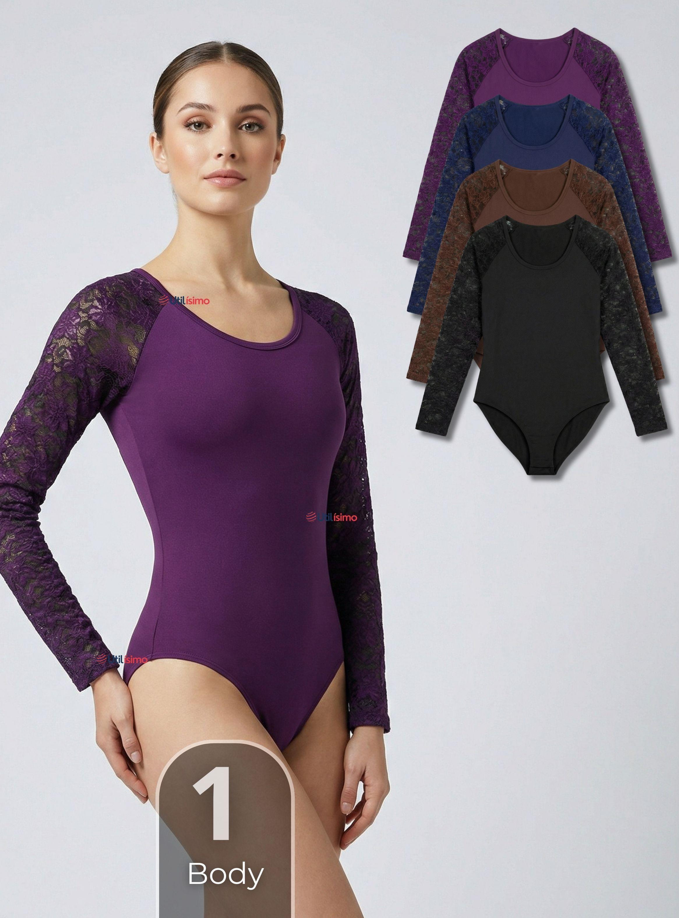 Body Cuello Redondo Manga Larga Con Encaje Bambú Mujer Colores Surtidos-0