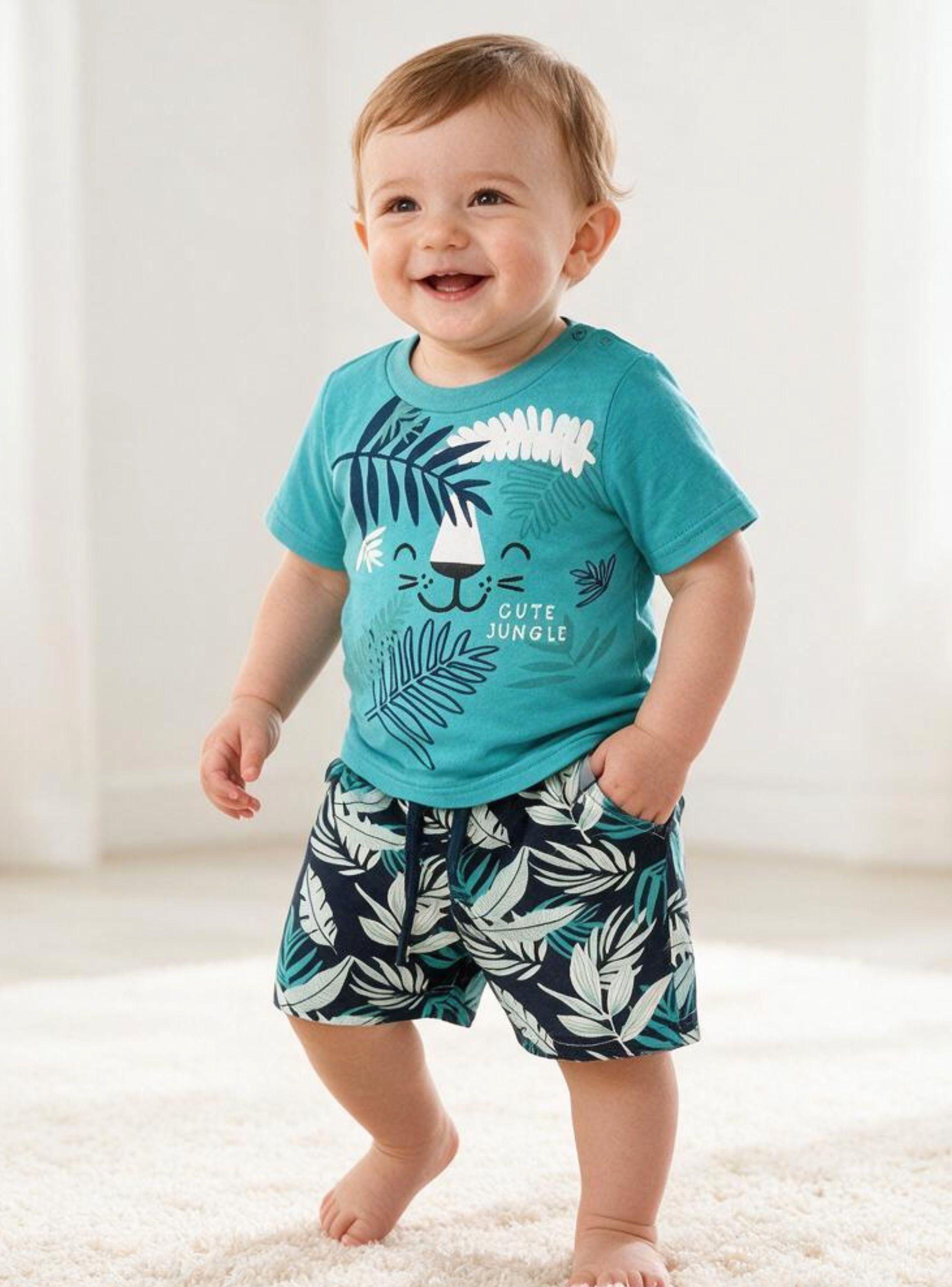 Conjunto 2 Piezas Camiseta y Short 100% Algodón Bebé Niño Tropical Blue Tedmimak-0