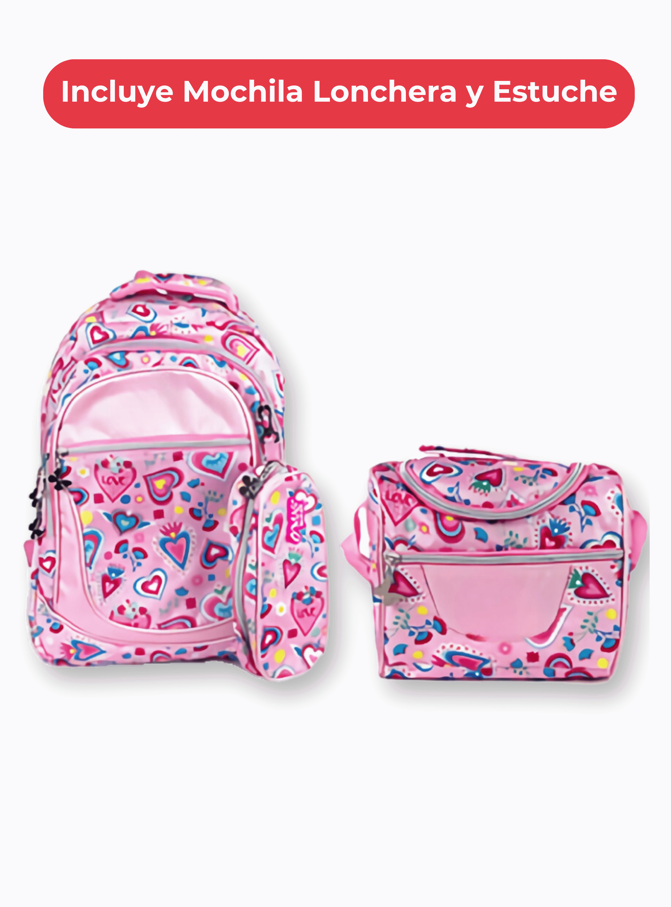 Mochila Con Lonchera Y Estuche 45CM Diseño Estampado Niña Pink Hearts-2