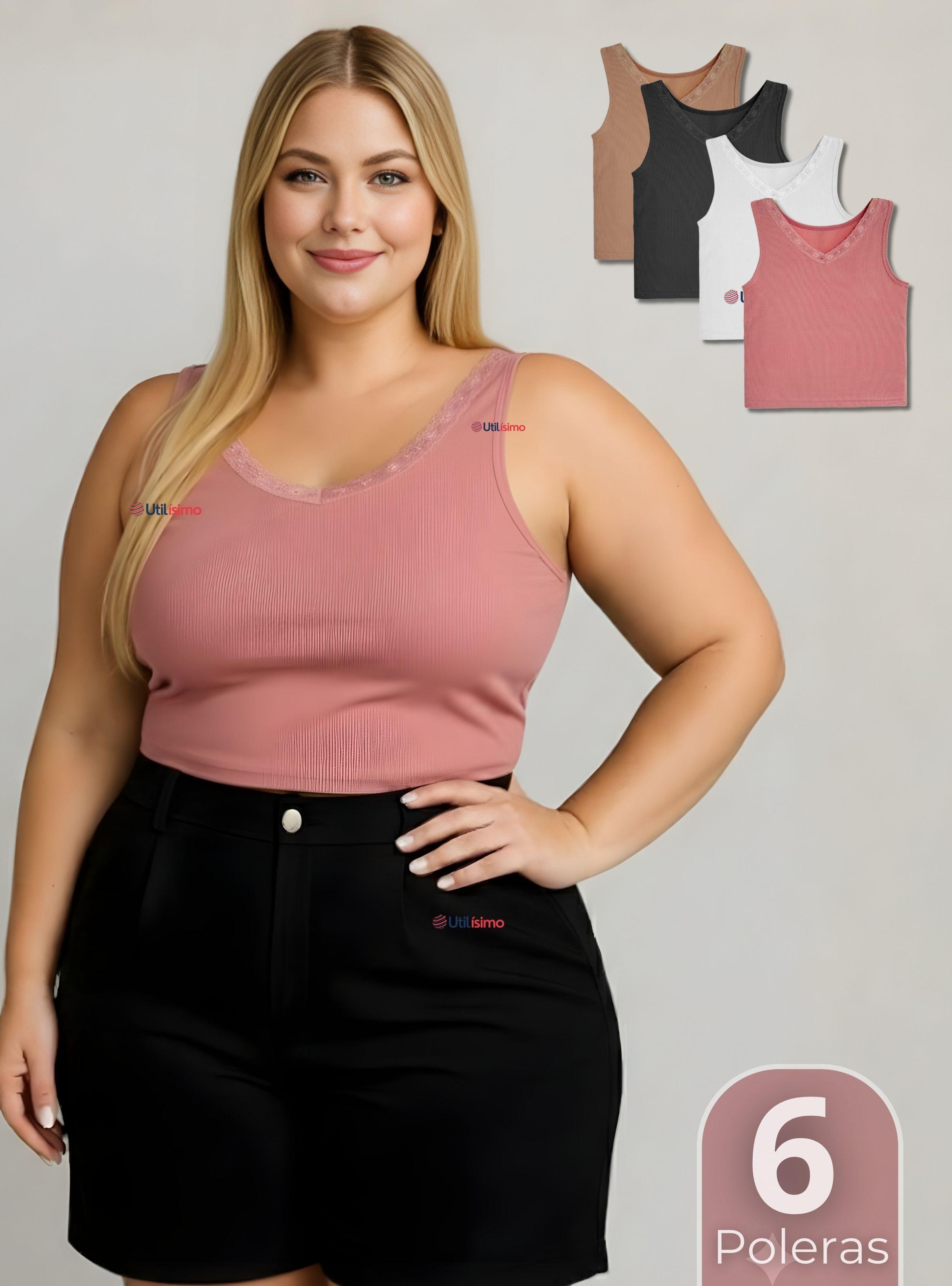 Pack 6 Camiseta Polera Sin Mangas Tela Acanalada de Algodón Cuello V Mujer Color Surtido-0