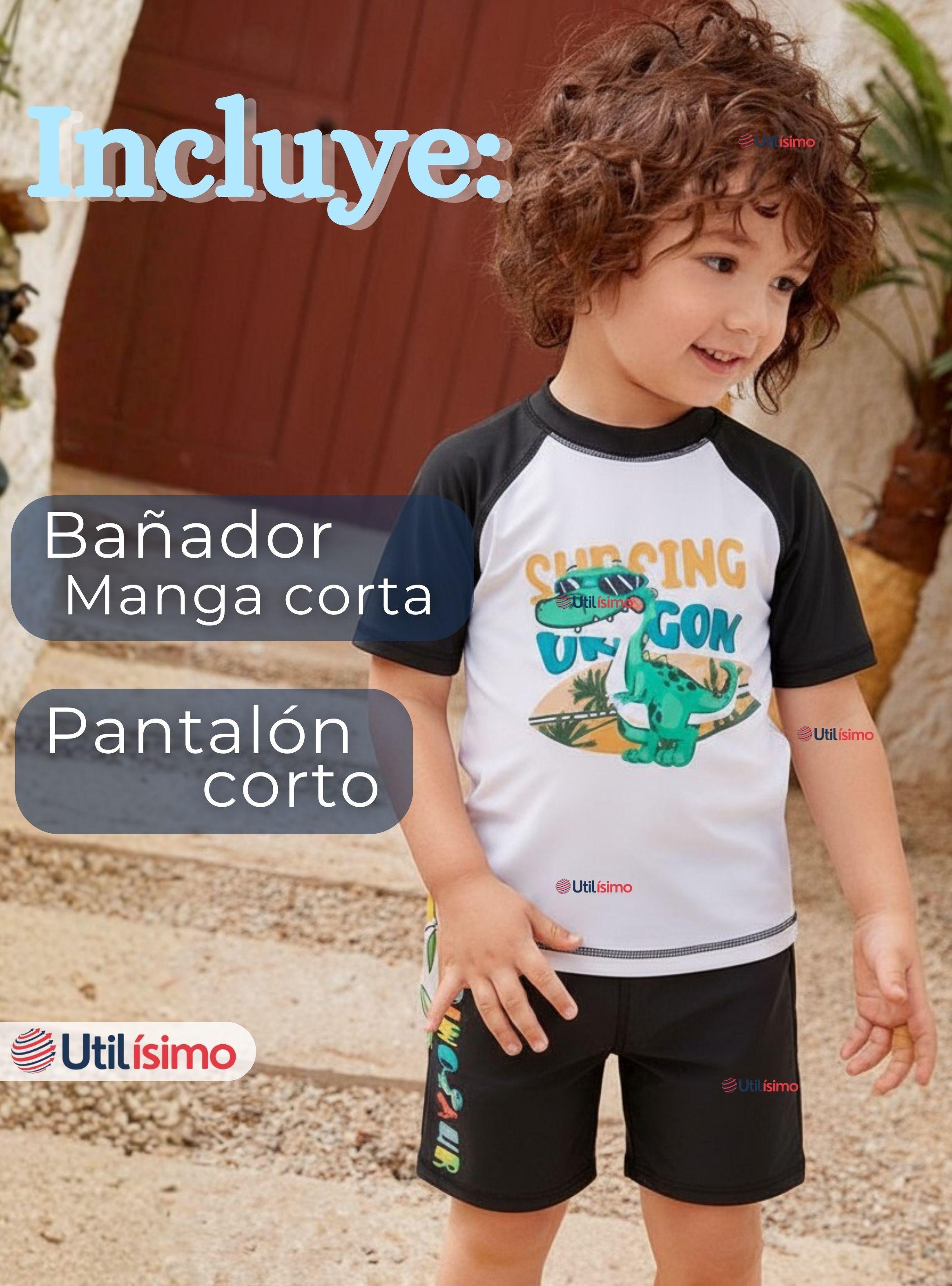 Traje de Baño Polera Manga Corta Pantalón Corto 2 Piezas Corte Split Niño 3 a 9 años Black Dinosaur-2