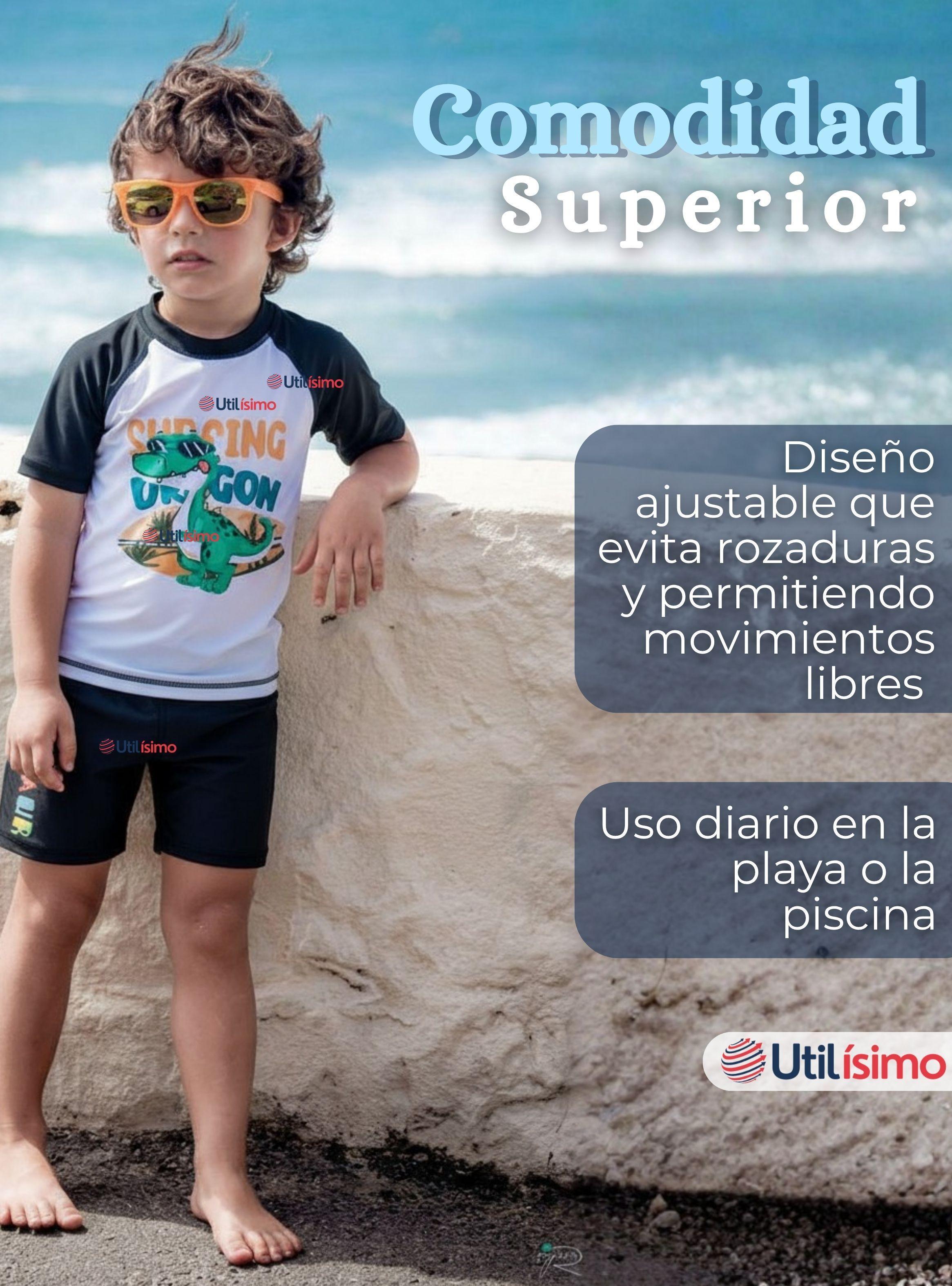 Traje de Baño Polera Manga Corta Pantalón Corto 2 Piezas Corte Split Niño 3 a 9 años Black Dinosaur-4