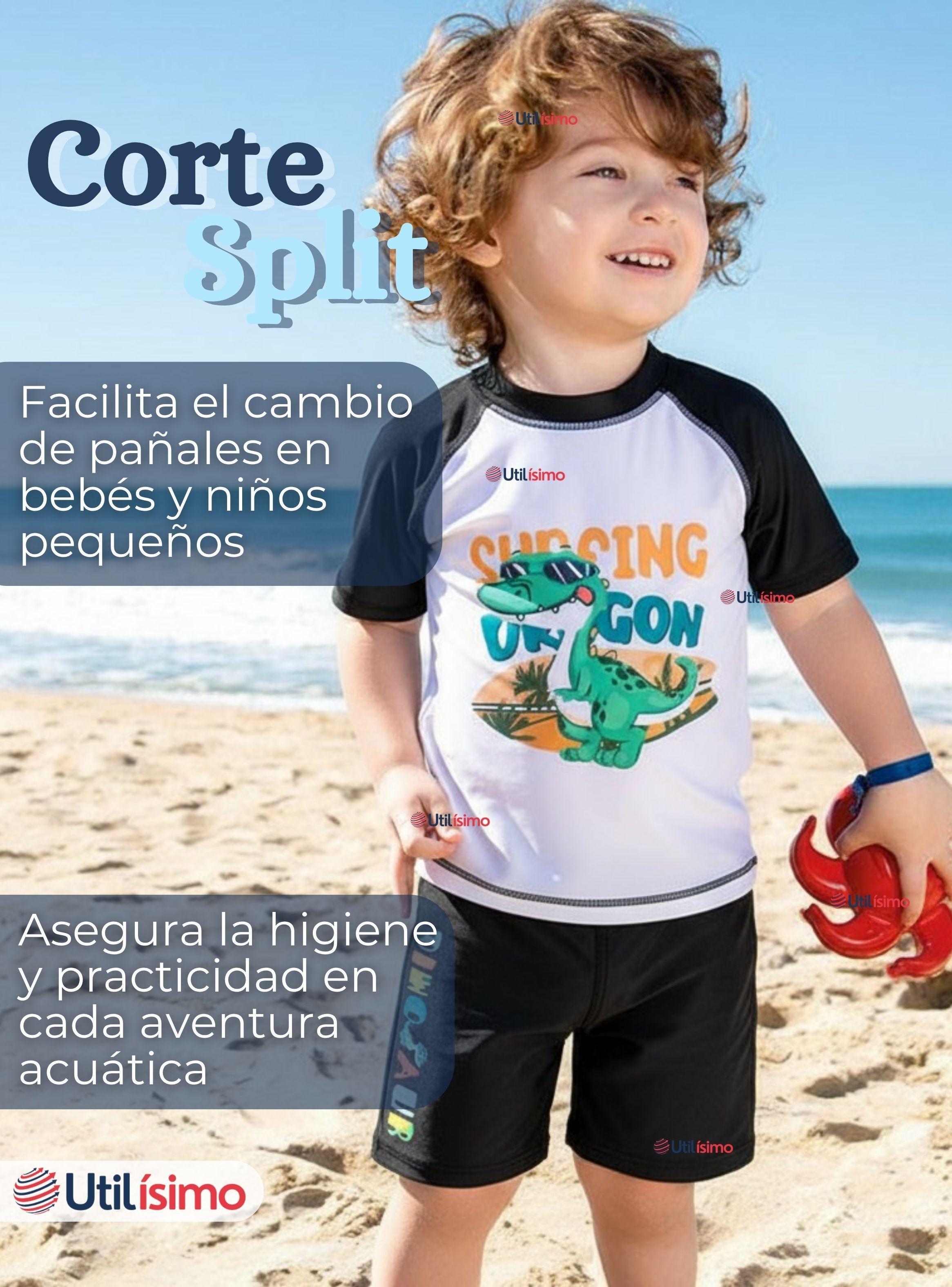 Traje de Baño Polera Manga Corta Pantalón Corto 2 Piezas Corte Split Niño 3 a 9 años Black Dinosaur-5