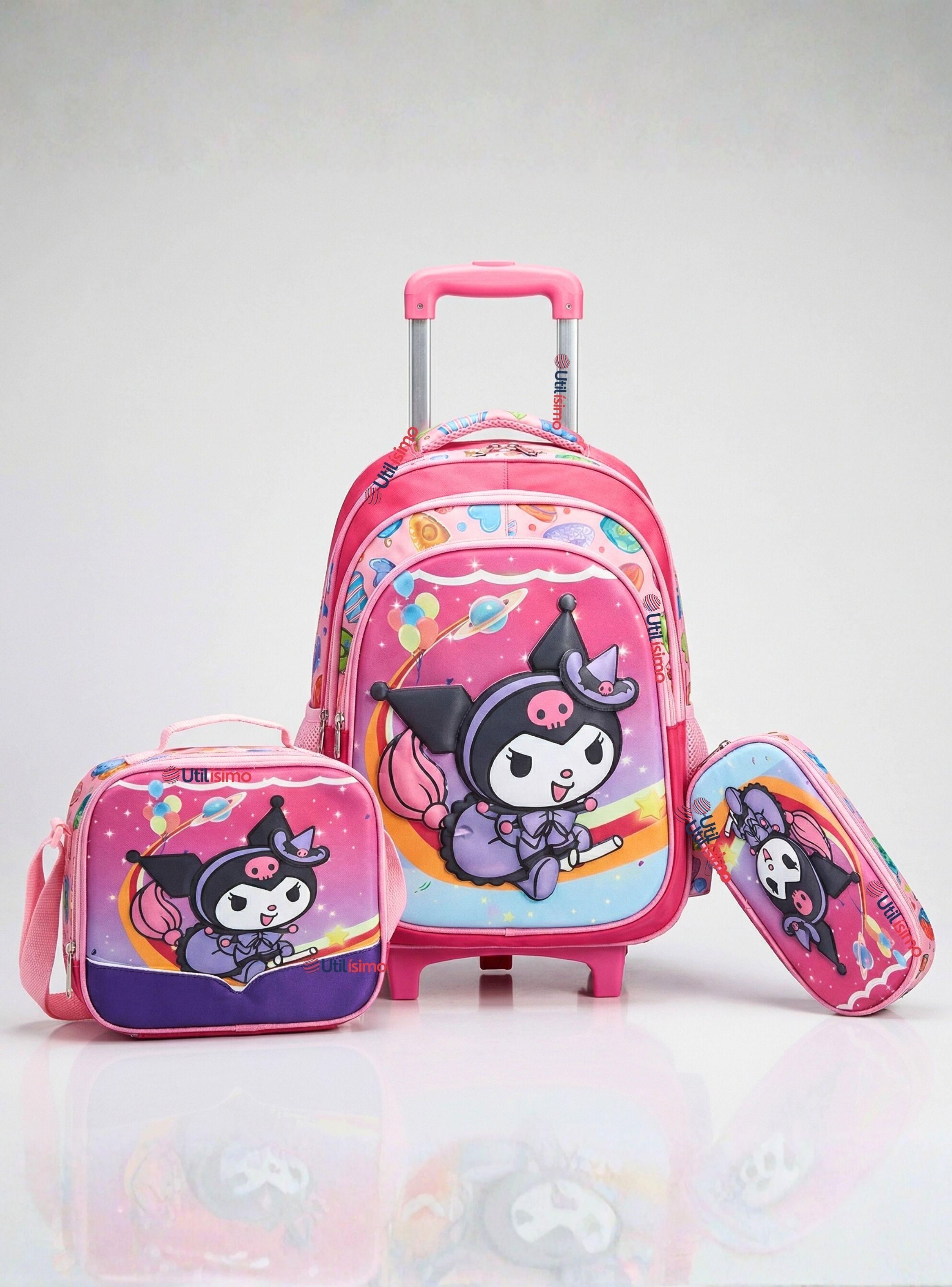 Mochila Escolar Kuromi 3D Con Ruedas Desmontable + Estuche + Lonchera Poliéster Diseño Space -0
