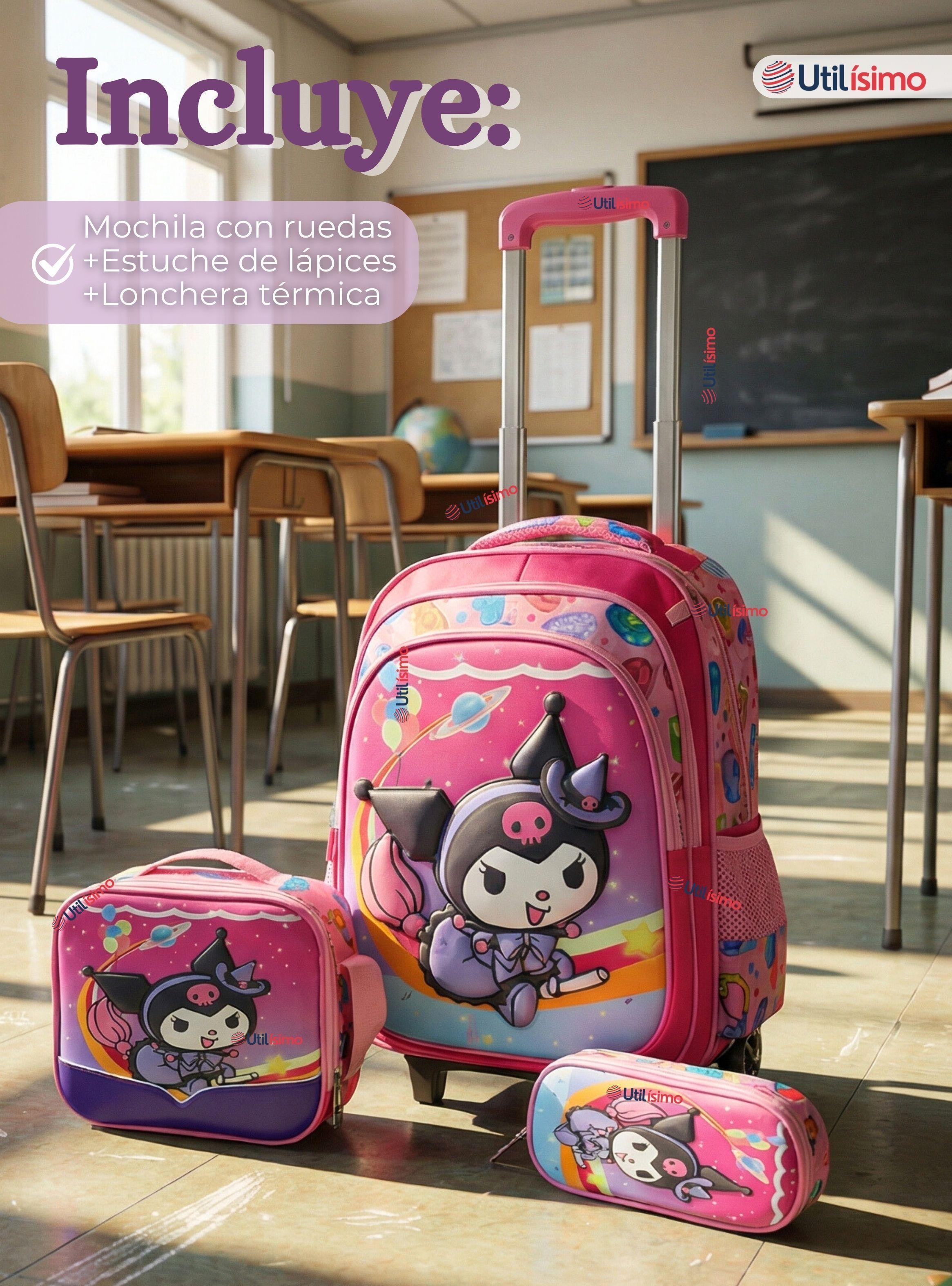 Mochila Escolar Kuromi 3D Con Ruedas Desmontable + Estuche + Lonchera Poliéster Diseño Space -1