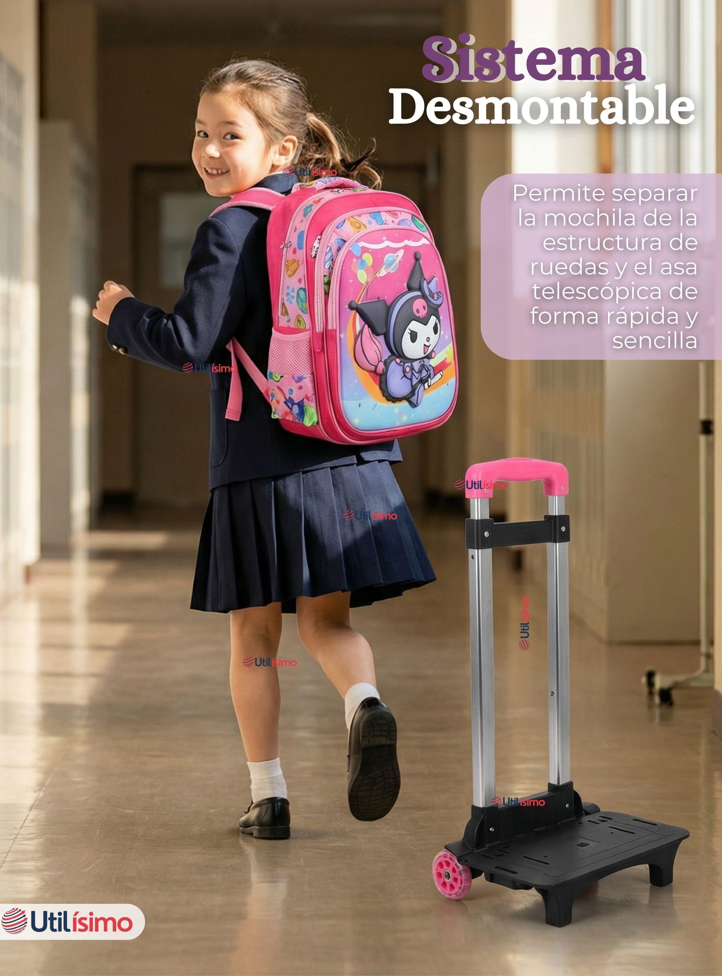 Mochila Escolar Kuromi 3D Con Ruedas Desmontable + Estuche + Lonchera Poliéster Diseño Space -4