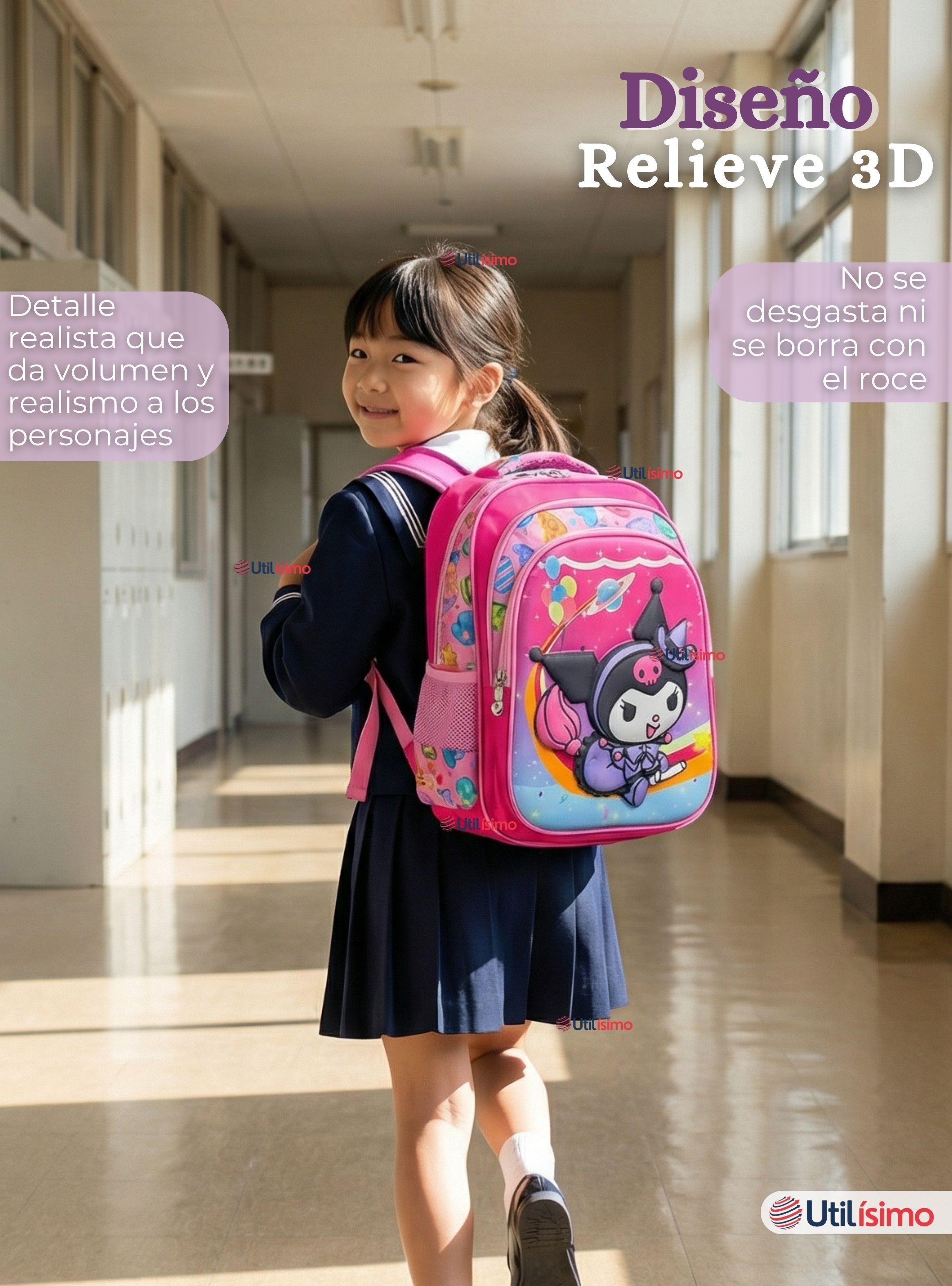 Mochila Escolar Kuromi 3D Con Ruedas Desmontable + Estuche + Lonchera Poliéster Diseño Space -5