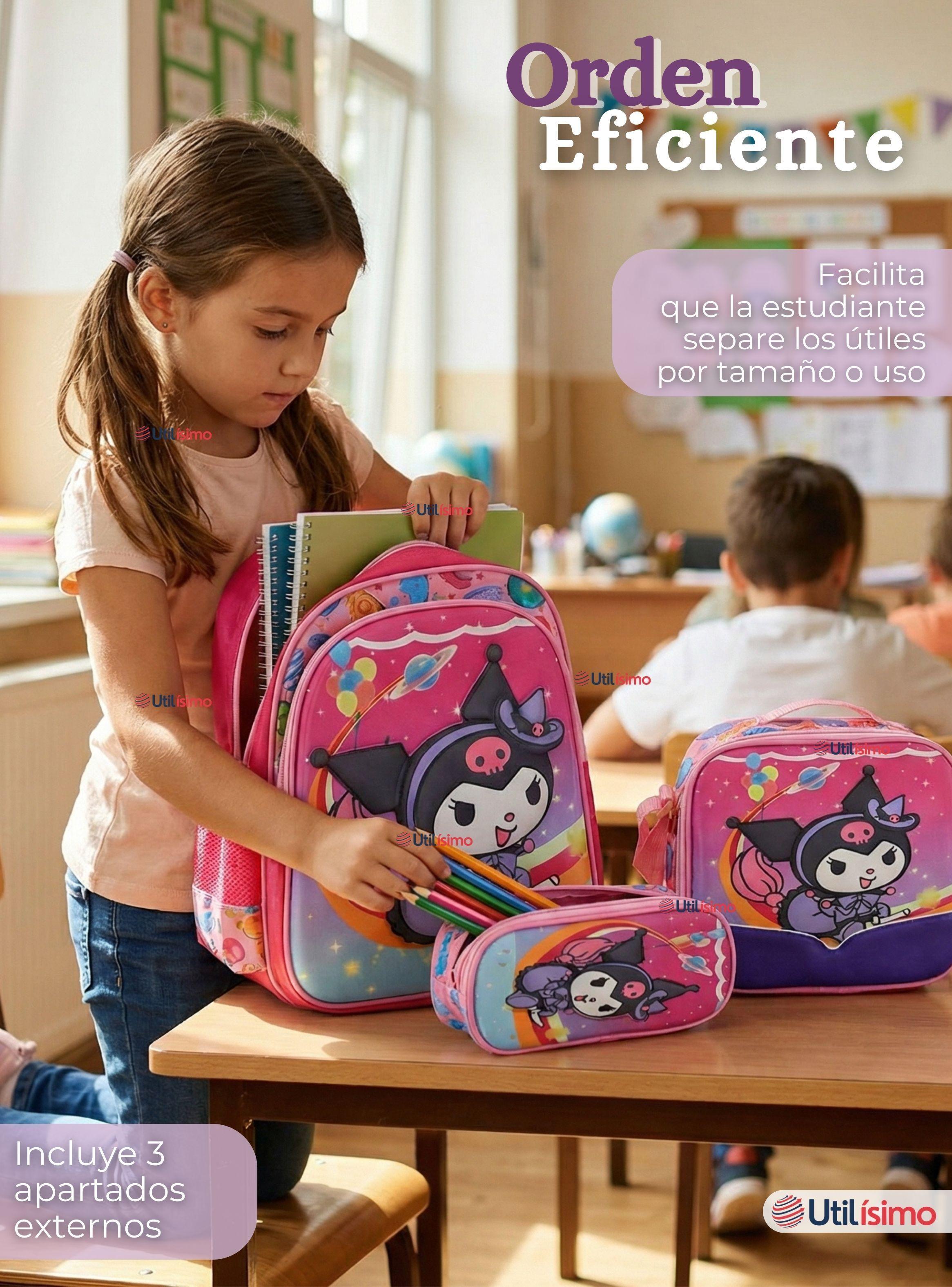 Mochila Escolar Kuromi 3D Con Ruedas Desmontable + Estuche + Lonchera Poliéster Diseño Space -6