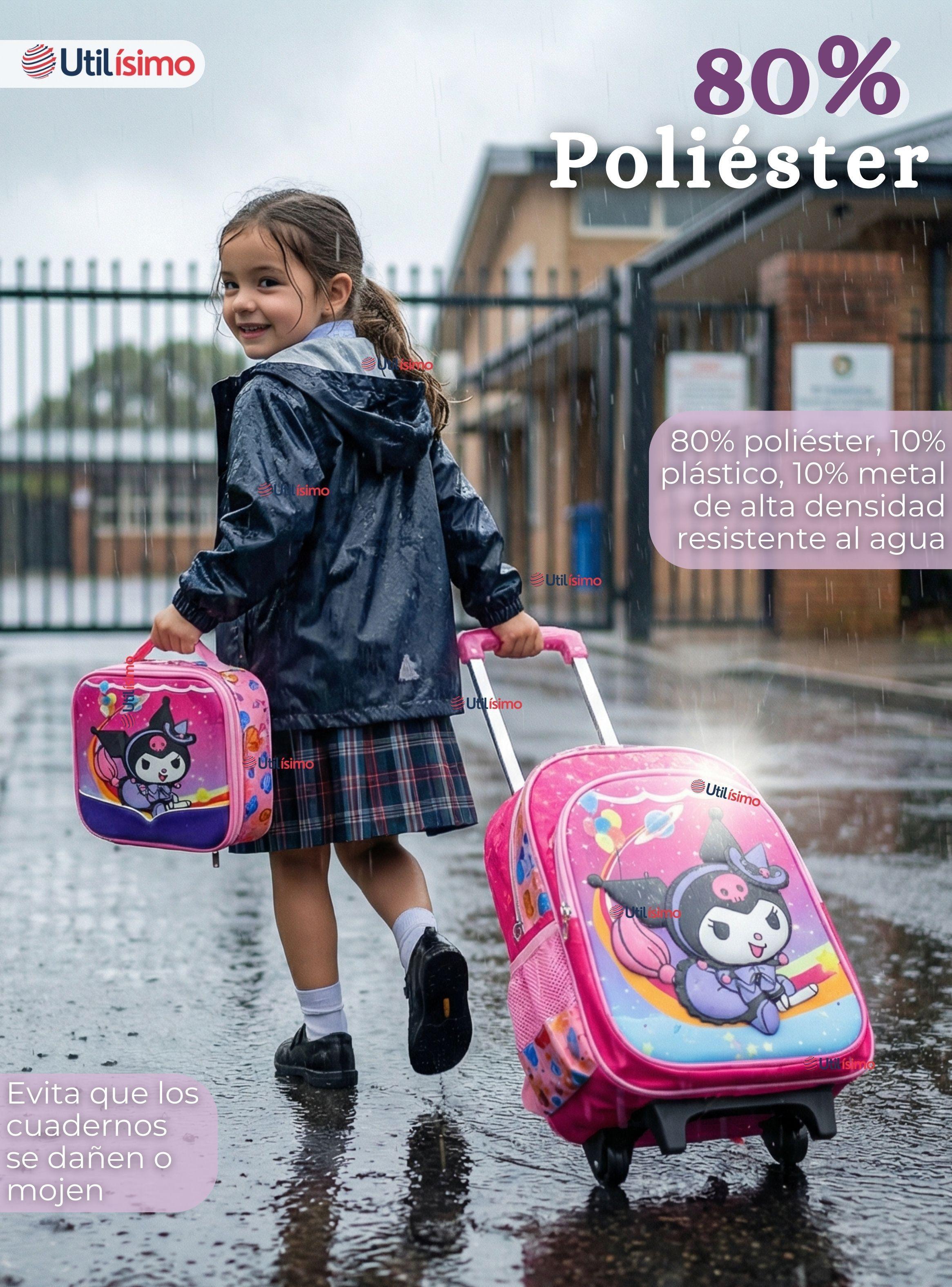 Mochila Escolar Kuromi 3D Con Ruedas Desmontable + Estuche + Lonchera Poliéster Diseño Space -7