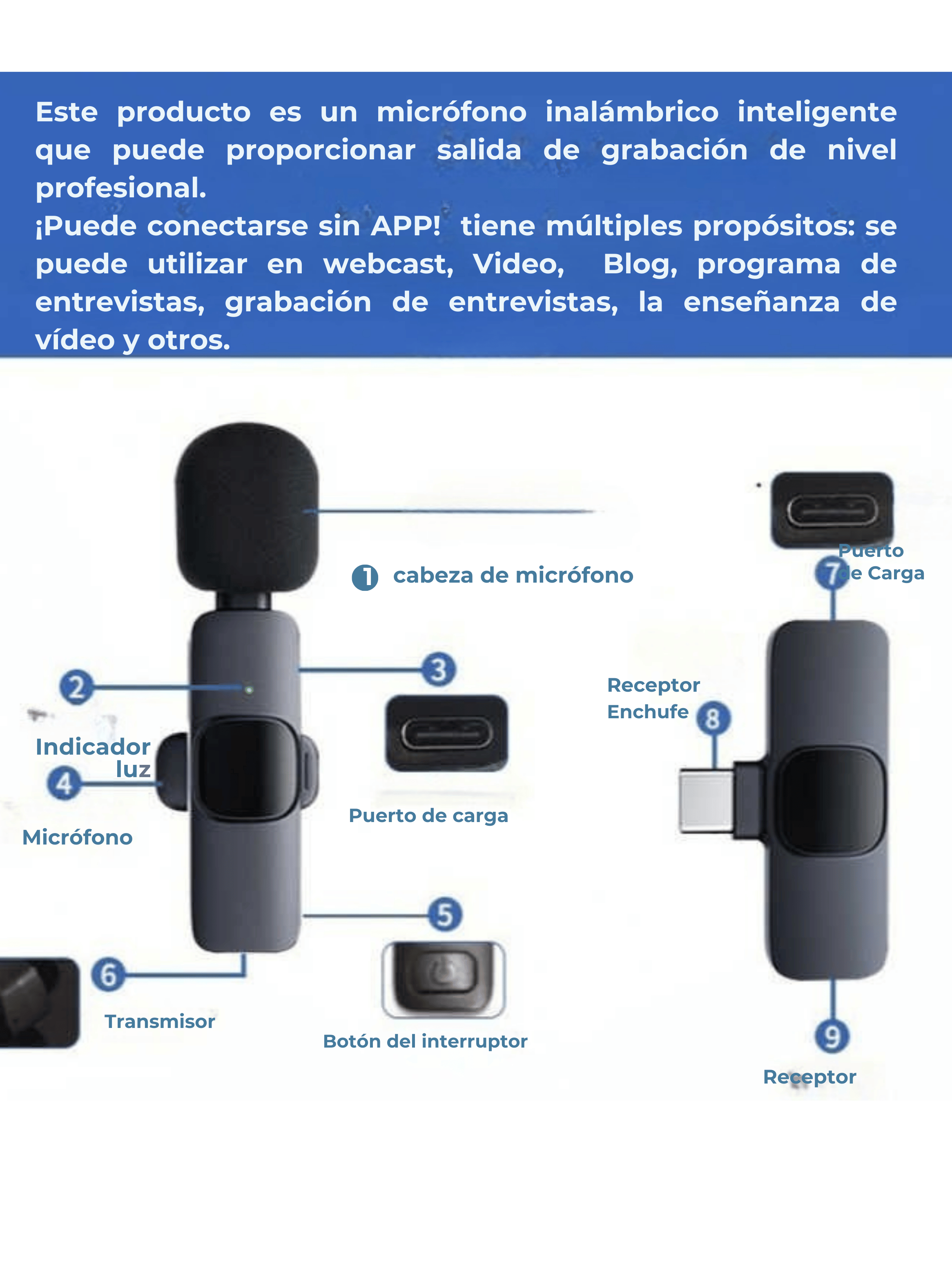 Micrófono Inalambrico Pro USB-C Recargable Celular iPhone Android iPad-3