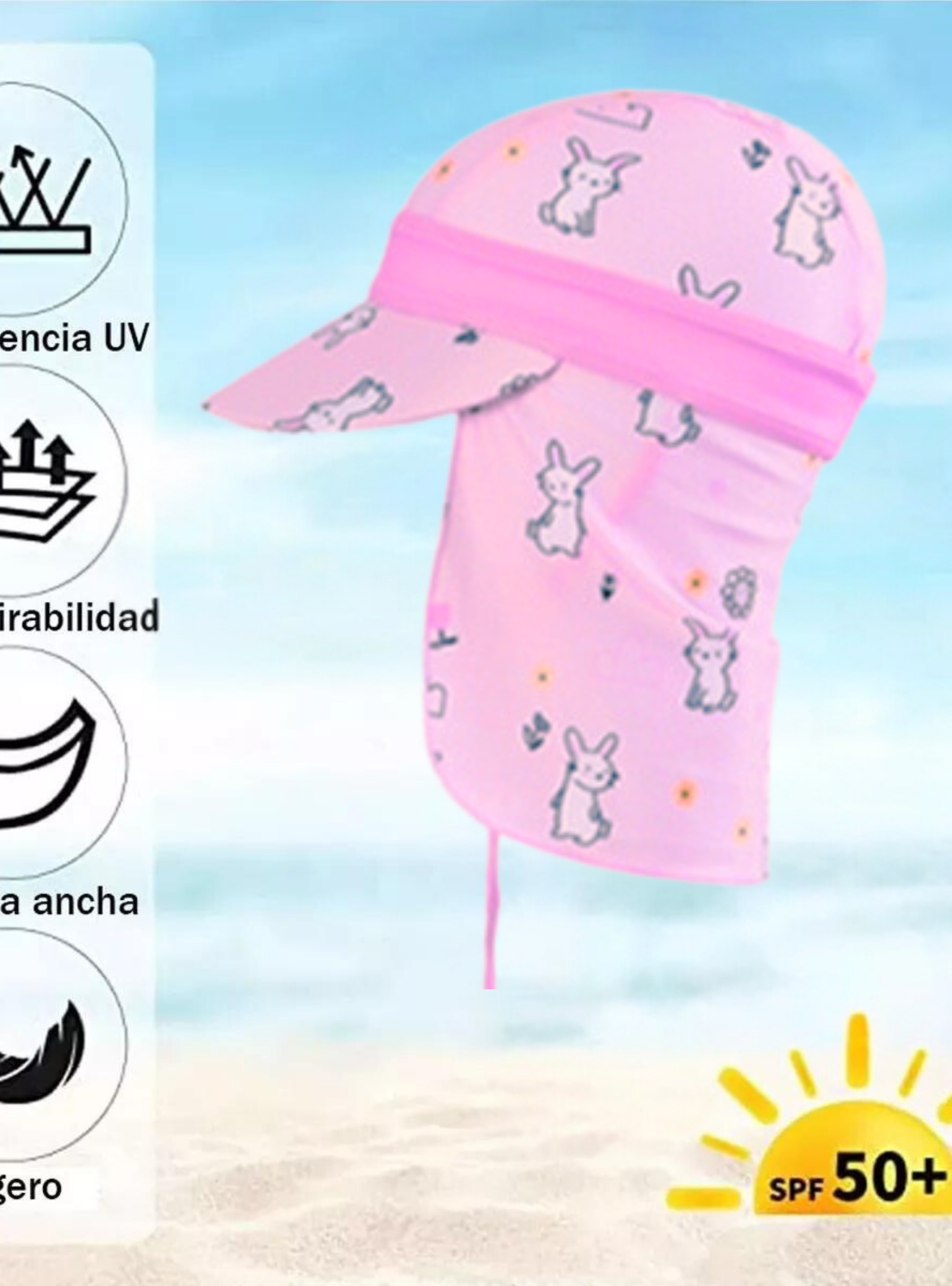 Gorro para el Sol con Solapas Protección UV Niñas de 1 a 10 Años Rosa Conejito-1