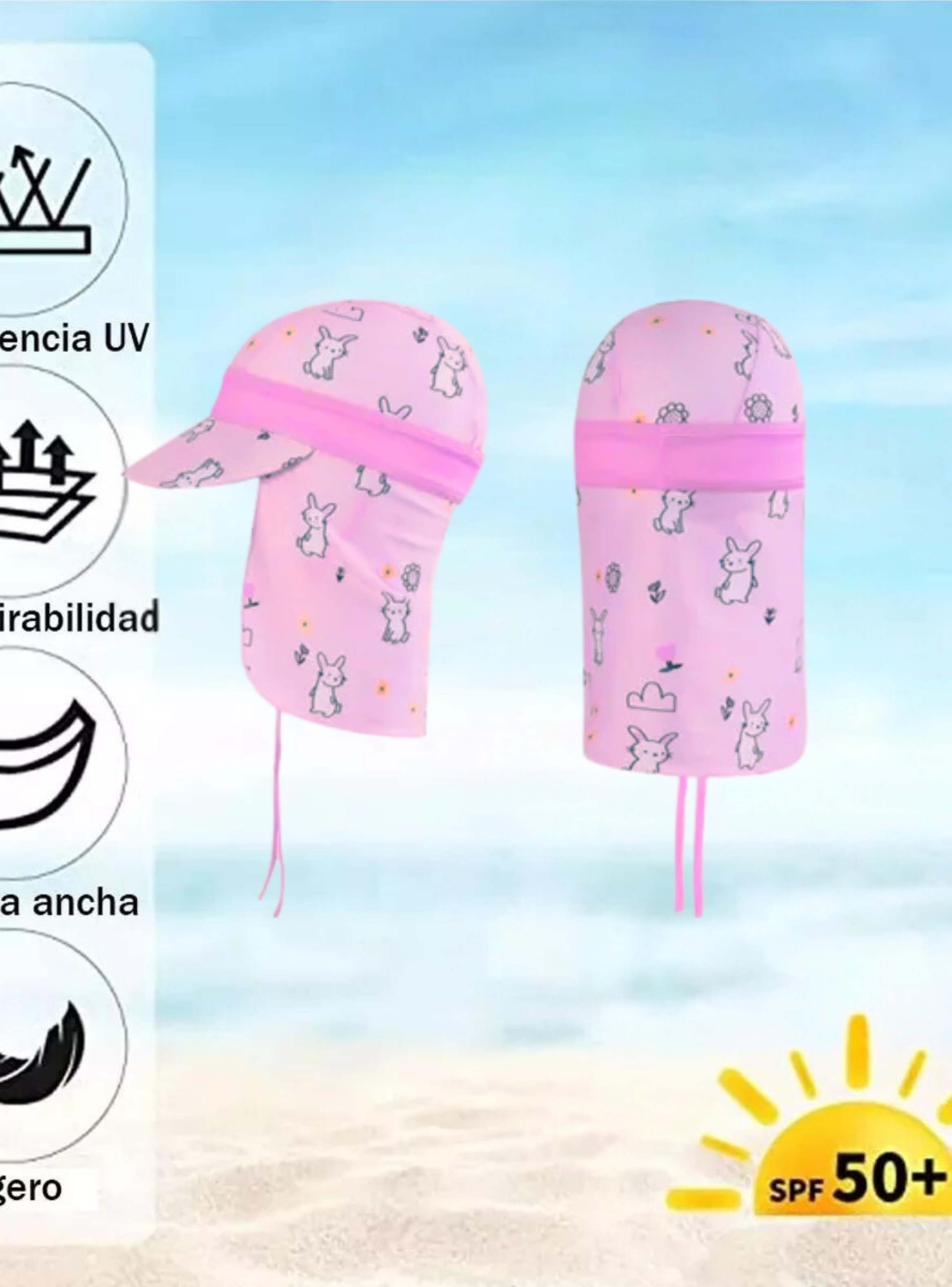 Gorro para el Sol con Solapas Protección UV Niñas de 1 a 10 Años Rosa Conejito-2