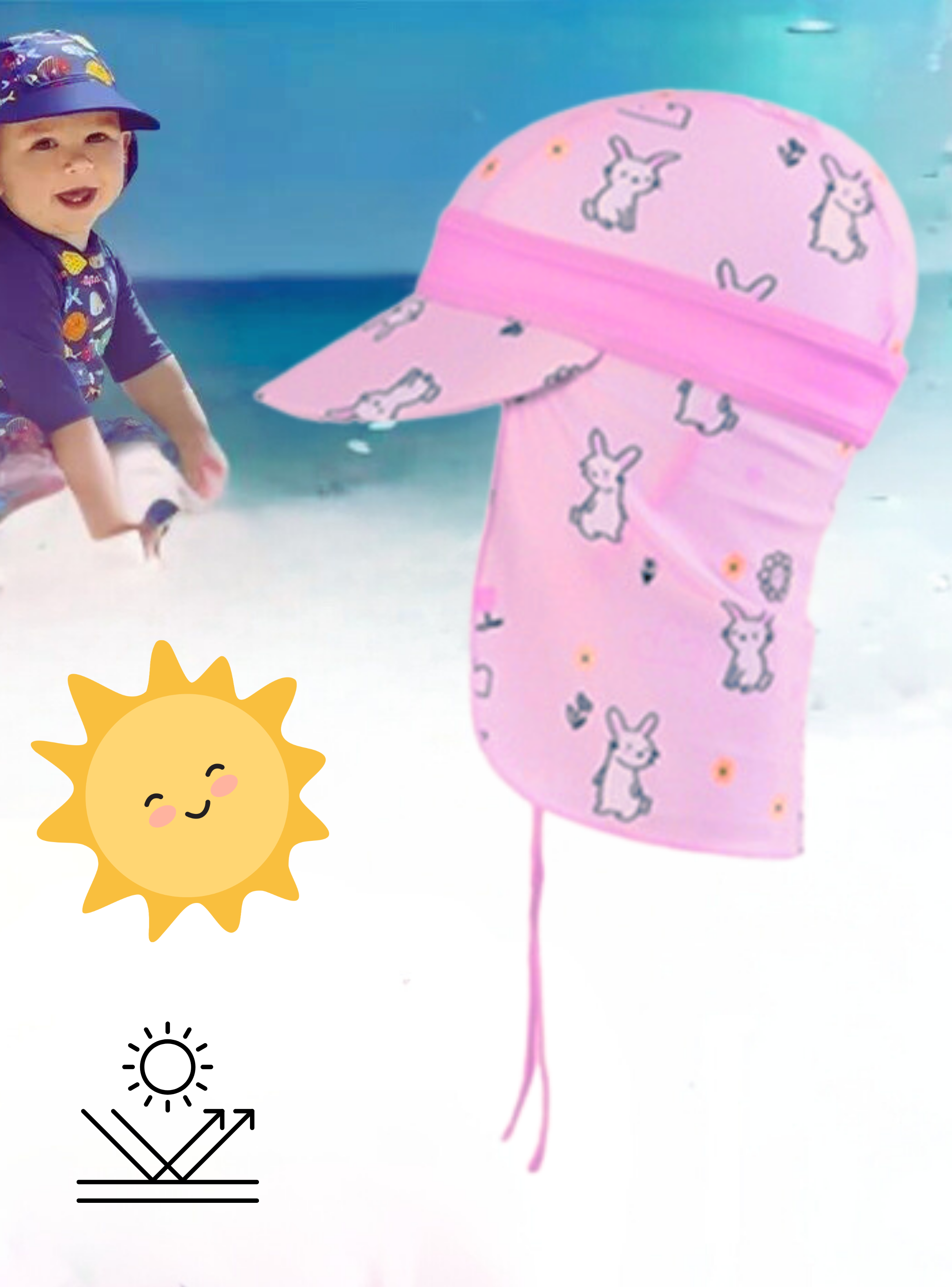 Gorro para el Sol con Solapas Protección UV Niñas de 1 a 10 Años Rosa Conejito-3